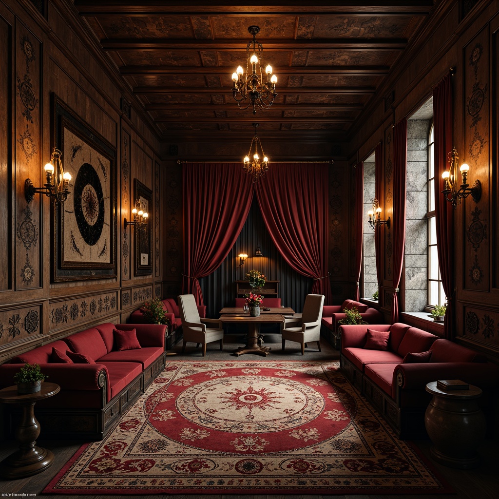 Prompt: Dark wood tones, ornate carvings, velvet upholstery, mysterious ambiance, grandiose chandeliers, intricately patterned rugs, heavy drapery, mystical symbols, stone walls, vaulted ceilings, medieval-inspired decor, lavish furnishings, rich tapestries, mysterious artifacts, dim warm lighting, 1/1 composition, dramatic shadows, realistic textures, ambient occlusion.