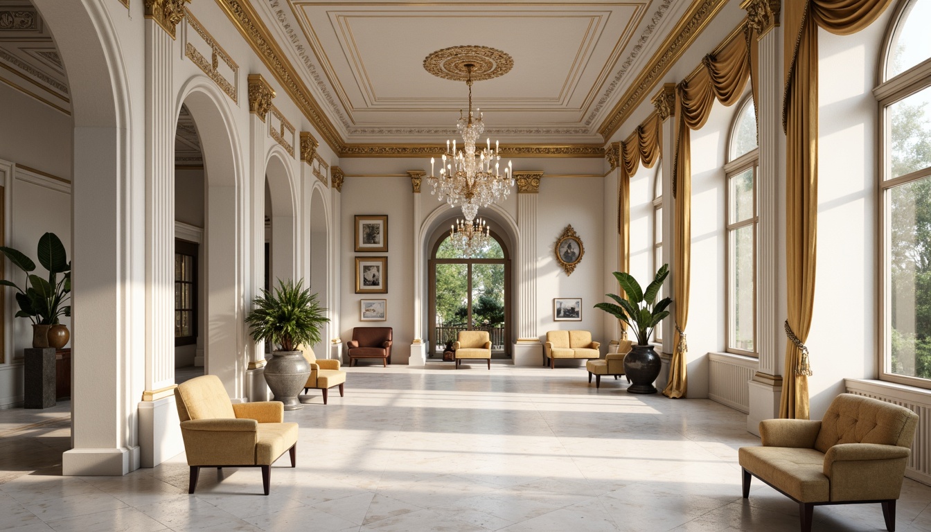 Prompt: Richly ornamented interior spaces, neoclassical architecture, creamy whites, warm beiges, soft grays, muted gold accents, elegant marble floors, intricate moldings, ornate furnishings, velvet drapes, tufted upholstery, subtle wood tones, refined crystal chandeliers, subtle gradient lighting, 1/1 composition, shallow depth of field, realistic textures, ambient occlusion.