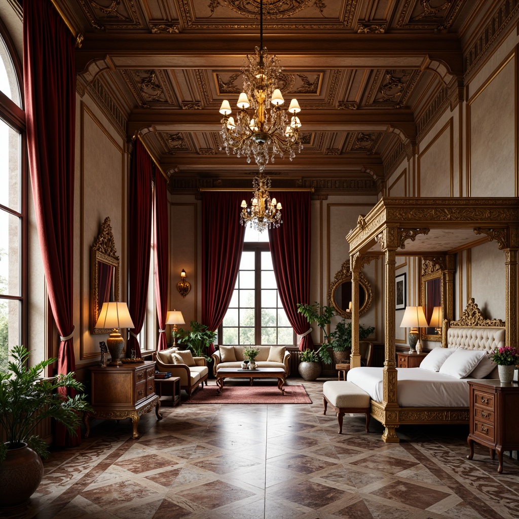 Prompt: Elegant Renaissance mansion, ornate furnishings, luxurious velvet fabrics, intricate carvings, gilded frames, rich wood tones, marble floors, grand chandeliers, lavish drapes, majestic four-poster beds, ornamental mirrors, antique vases, refined classical lines, sophisticated neutral colors, warm golden lighting, shallow depth of field, 1/1 composition, realistic textures, ambient occlusion.