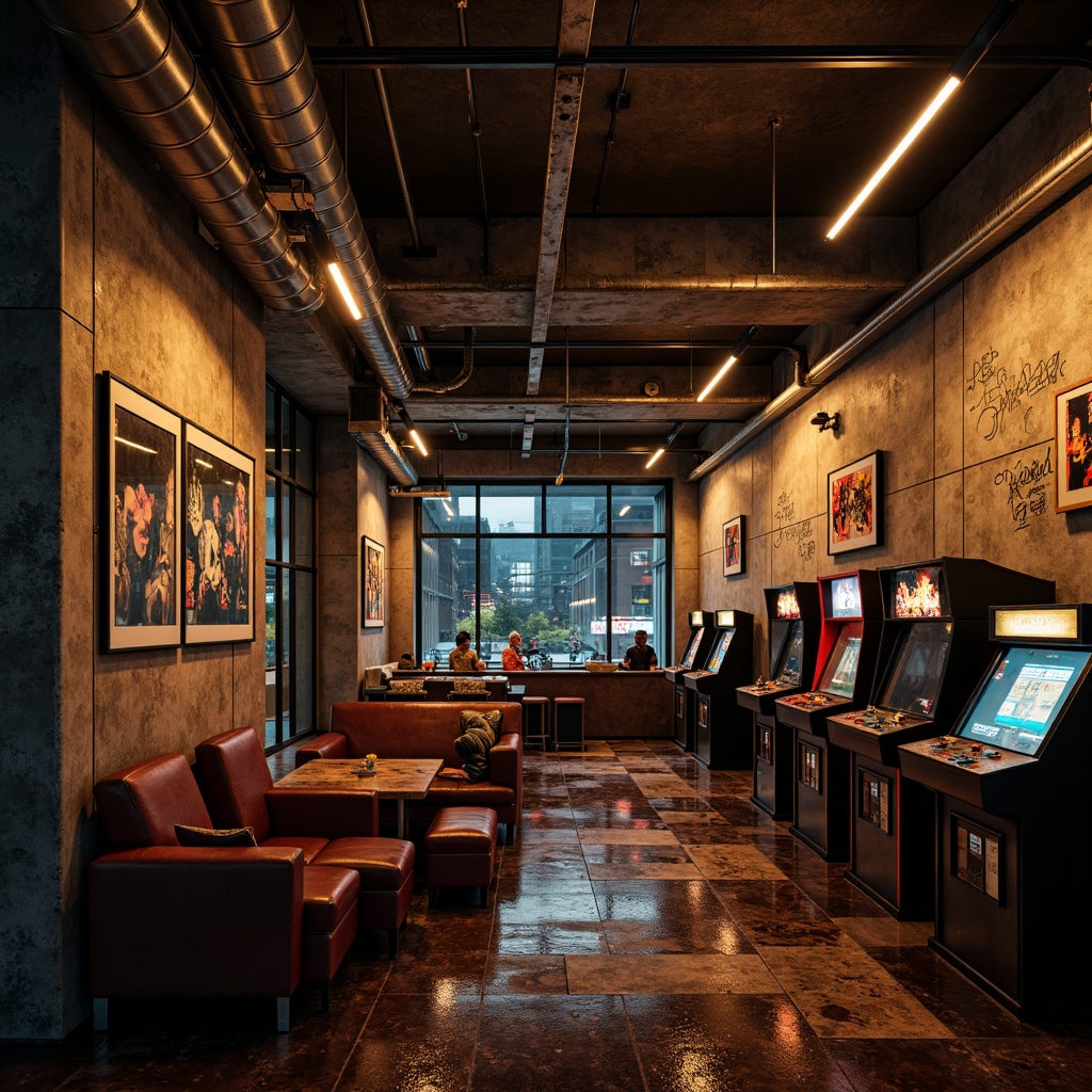 Prompt: Gritty game room, industrial concrete walls, exposed ductwork, steel beams, raw metal textures, dimly lit atmosphere, warm golden lighting, worn wooden accents, distressed leather furniture, retro arcade machines, neon signs, abstract graffiti, urban cityscape views, rainy night ambiance, shallow depth of field, 1/2 composition, cinematic color grading, high-contrast rendering.