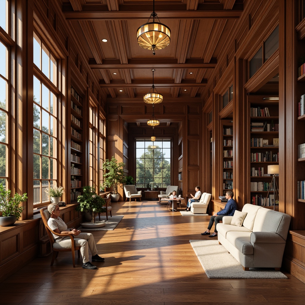 Prompt: Quiet library atmosphere, warm wood flooring, rich walnut tones, soft carpeted areas, plush reading nooks, comfortable seating, elegant bookshelves, classic lantern-style lighting, serene natural light, calm color palette, sound-absorbing materials, durable surfaces, easy maintenance, slip-resistant finishes, wheelchair accessibility, subtle texture variations, harmonious color scheme, warm beige tones, sophisticated interior design.