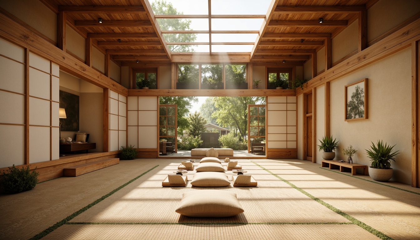 Prompt: Serenity-filled Asian-style interior, natural wood accents, sliding shoji screens, rice paper walls, minimalist decor, abundant natural light, clerestory windows, skylights, transparent glass doors, soft warm illumination, subtle shadows, traditional Japanese tatami mats, low-seating furniture, woven bamboo textures, earthy color palette, calming ambiance, 1/1 composition, soft focus, ambient occlusion.