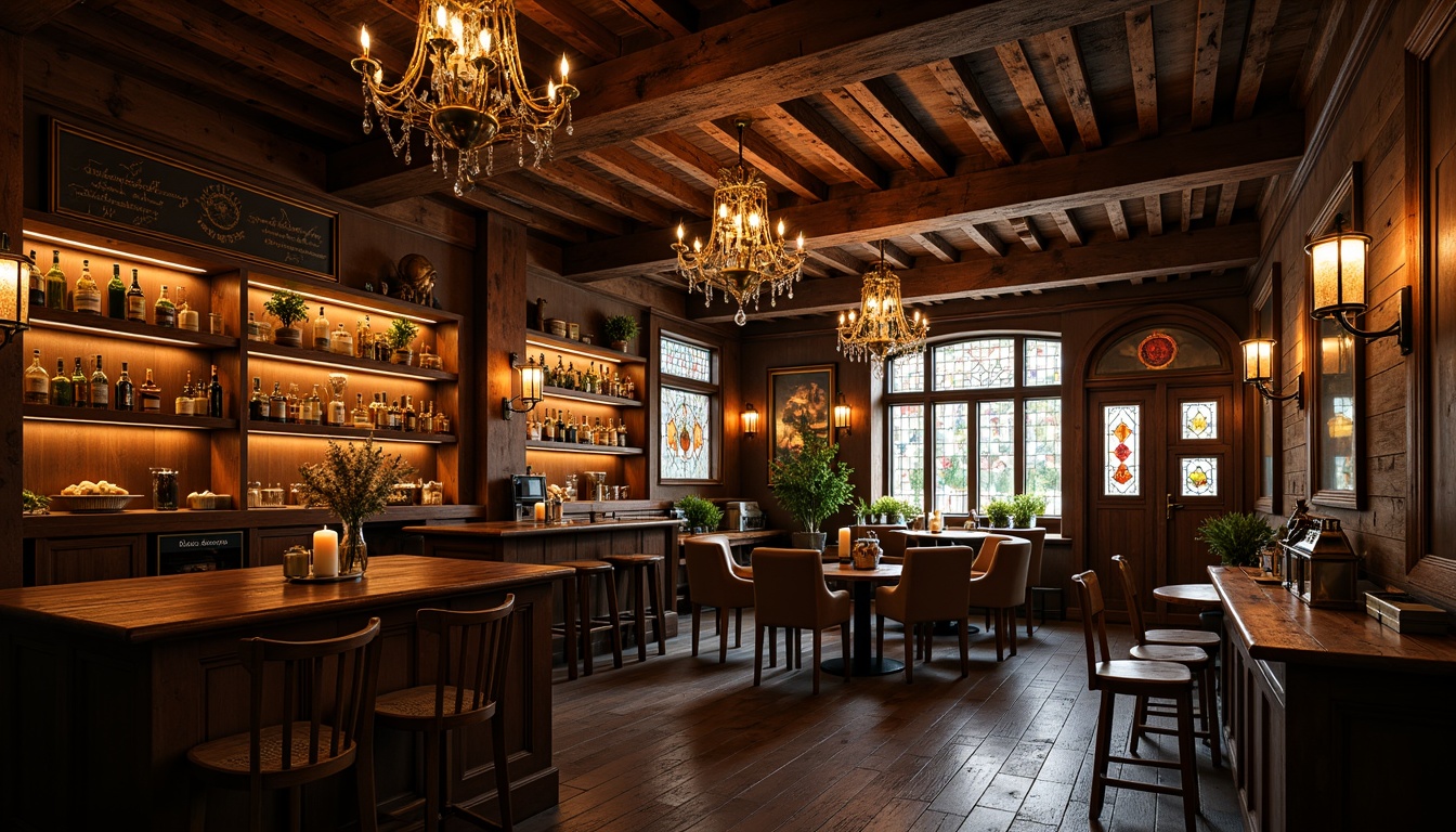 Prompt: Rustic wooden beams, ornate chandeliers, warm golden lighting, metal lanterns, vintage pendant lights, distressed finishes, earthy tones, rich textures, classic pub atmosphere, lively gathering spaces, dark wood accents, stained glass windows, antique fixtures, cozy nooks, traditional European influences, warm candlelight, soft ambient glow, atmospheric shading, dramatic high contrast, 1/2 composition, realistic reflections.