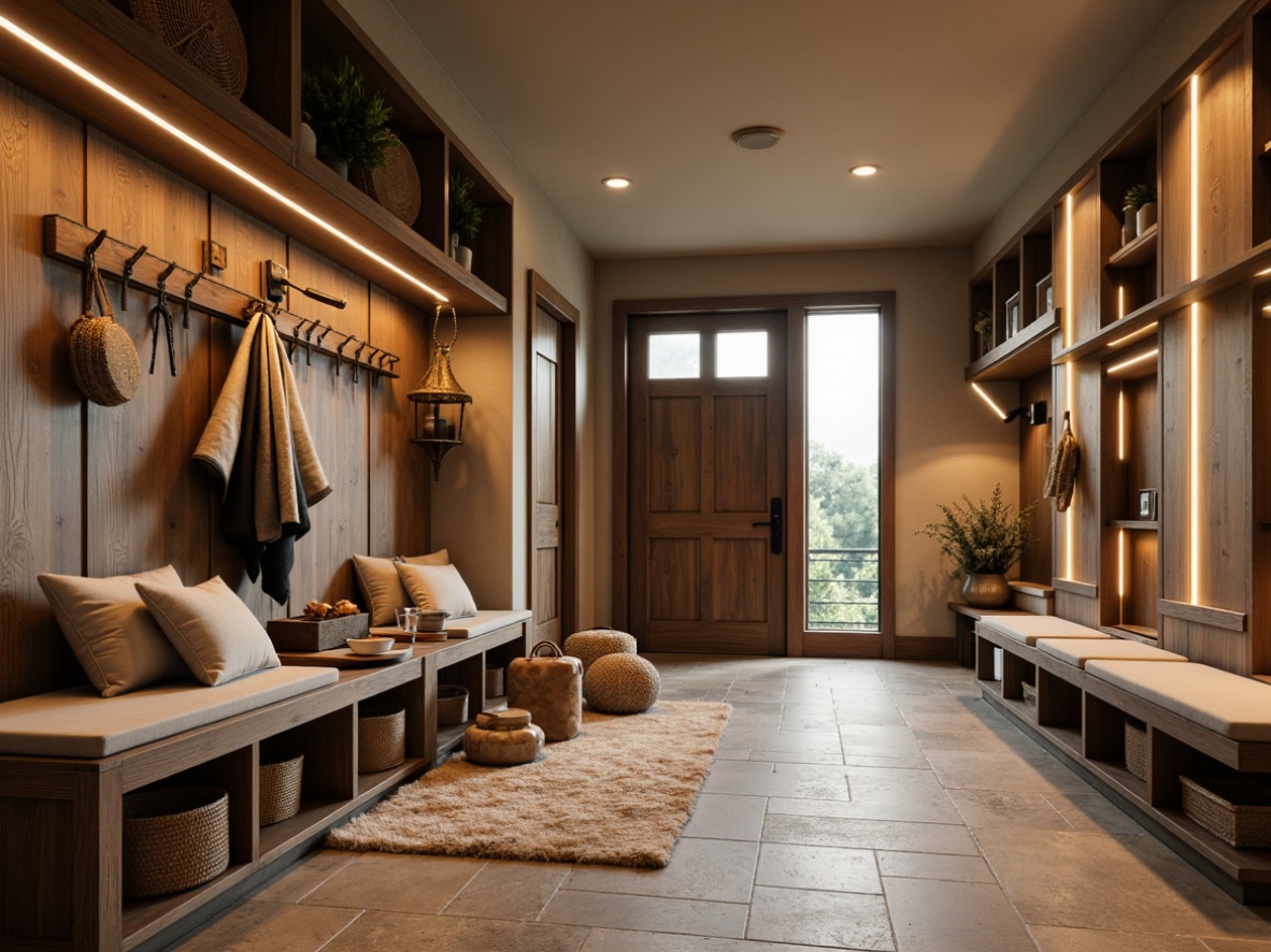 Prompt: Cozy mudroom, rustic wooden accents, natural stone flooring, earthy tones, warm ambient lighting, soft overhead lighting, LED strip lights, industrial-style metal fixtures, pendant lamps, modern farmhouse decor, functional shelving units, woven baskets, decorative hooks, bench seating areas, plush area rugs, warm beige walls, recessed ceiling lights, layered lighting effects, 1/1 composition, realistic textures, subtle shadows.