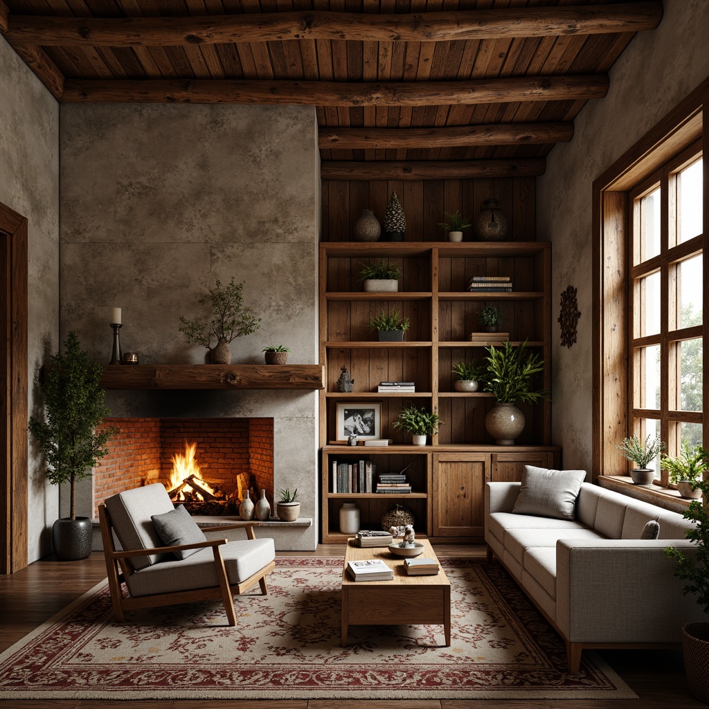 Prompt: Rustic wooden accents, hand-carved ornaments, natural stone walls, earthy color palette, distressed finishes, vintage metalware, ornate ceramic tiles, woven textiles, cozy reading nooks, warm fireplace settings, soft candlelight, shallow depth of field, 1/1 composition, realistic wood grain textures, ambient occlusion.