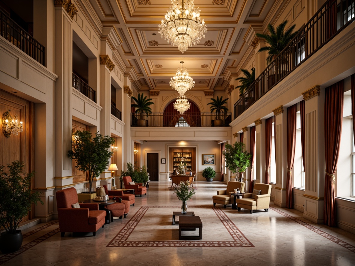 Prompt: \Grand hotel lobby, neoclassical architecture, ornate moldings, gilded frames, crystal chandeliers, marble floors, luxurious furnishings, velvet drapes, intricate patterns, gold leaf accents, Corinthian columns, carved wooden panels, stately atmosphere, warm soft lighting, subtle shading, 1/2 composition, realistic textures, ambient occlusion.\