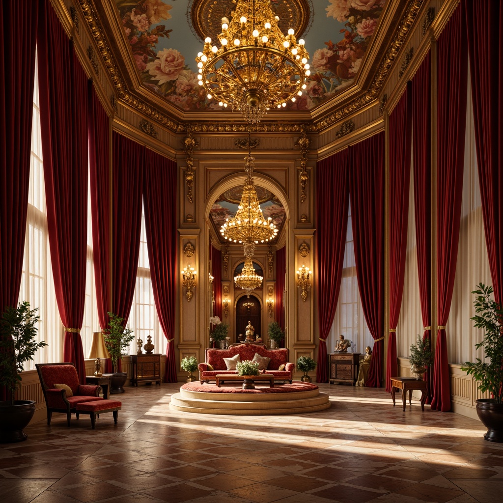 Prompt: Opulent throne room, rich velvet drapes, intricately carved wooden panels, gilded mirrors, ornate chandeliers, lavish furnishings, curved lines, dramatic lighting, warm golden tones, marble floors, high ceilings, grand staircase, intricate frescoes, majestic columns, luxurious textiles, regal atmosphere, 1/1 composition, soft focus, warm glow, atmospheric perspective.