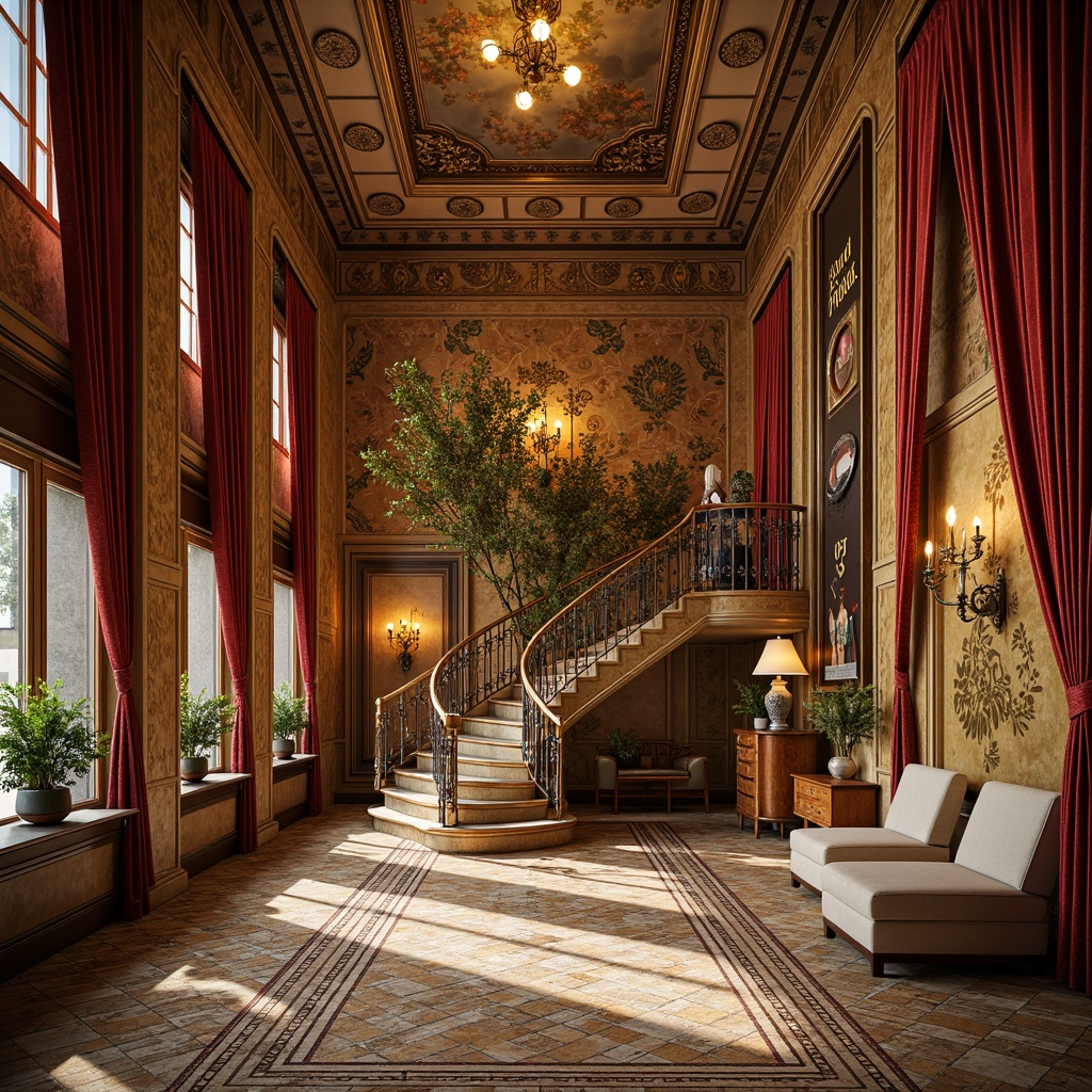 Prompt: Intricate ornate walls, luxurious velvet drapes, richly patterned wallpaper, gleaming metallic accents, sinuous organic forms, flowing botanical motifs, iridescent glass mosaics, shimmering mother-of-pearl inlays, opulent gilded details, delicate ceramic tiles, tactile stucco textures, lavish fresco ceilings, dramatic archways, grand staircase landings, ornate plaster moldings, whimsical Art Nouveau typography, warm golden lighting, soft focus photography, 1/2 composition, shallow depth of field.