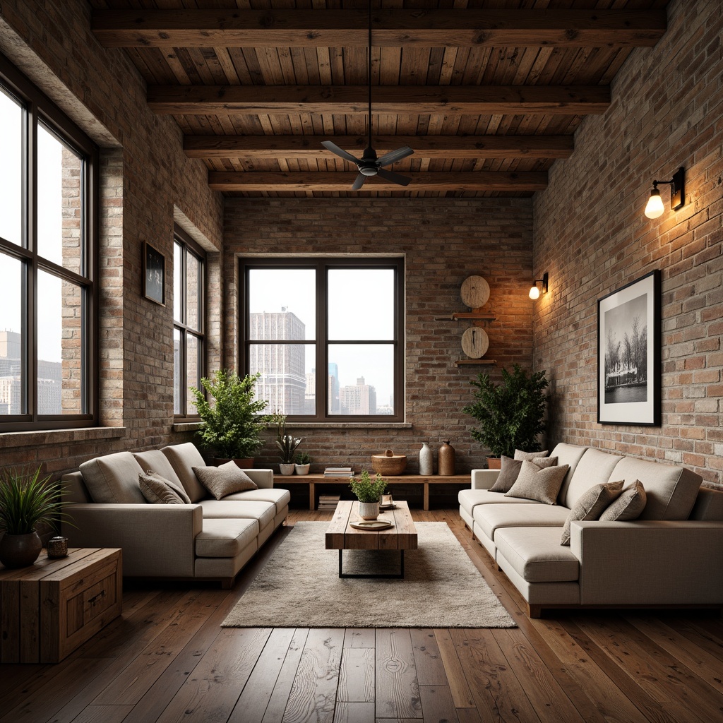 Prompt: Rustic loft interior, exposed wooden beams, distressed wood accents, earthy tone color palette, natural stone walls, wooden crates, vintage metal lanterns, industrial-style lighting fixtures, plush area rugs, comfortable oversized furniture, cozy reading nooks, floor-to-ceiling windows, urban cityscape views, soft warm lighting, shallow depth of field, 1/2 composition, realistic textures, ambient occlusion.