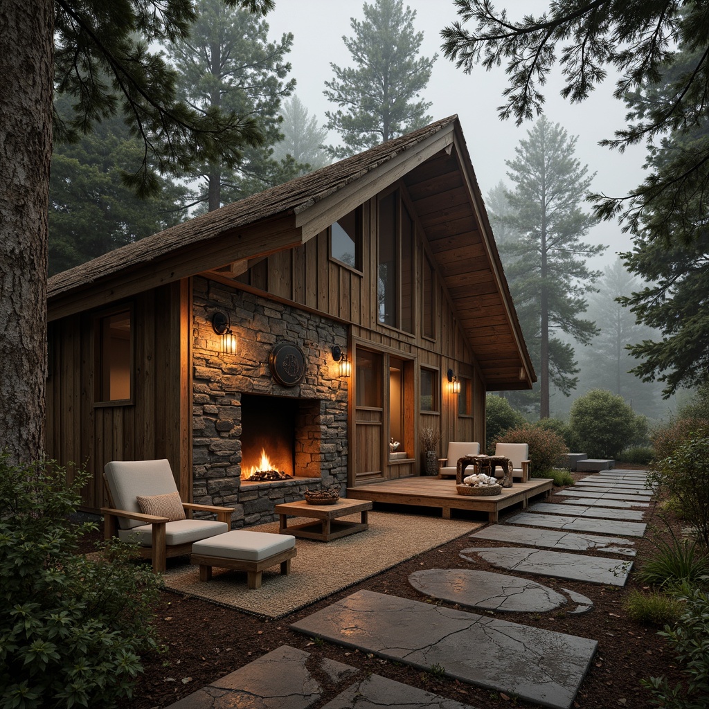 Prompt: Rustic wooden cabin, earthy tones, natural stone walls, reclaimed wood accents, vintage metal decorations, cozy fireplace, plush furnishings, woven textiles, warm ambient lighting, soft focus, shallow depth of field, 1/2 composition, intimate atmosphere, misty forest surroundings, overcast sky, rustic pathways, moss-covered stones.