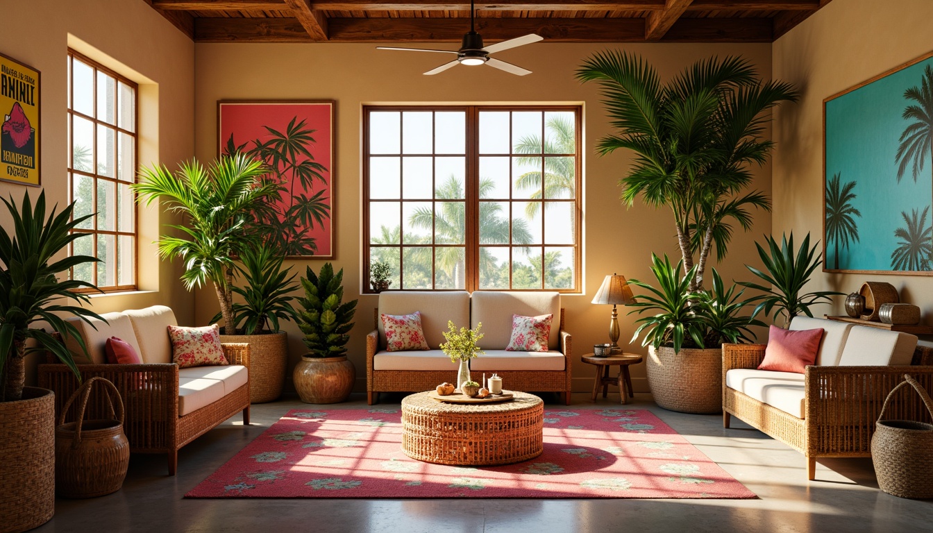 Prompt: Vibrant storage room, tropical style decor, warm beige walls, rich wood accents, natural rattan furniture, woven wicker baskets, exotic palm fronds, bright coral pink hues, sunny yellow accents, turquoise blue tones, lush greenery, floral patterns, bold geometric motifs, distressed wooden crates, vintage metal signs, soft warm lighting, shallow depth of field, 1/1 composition, realistic textures, ambient occlusion.