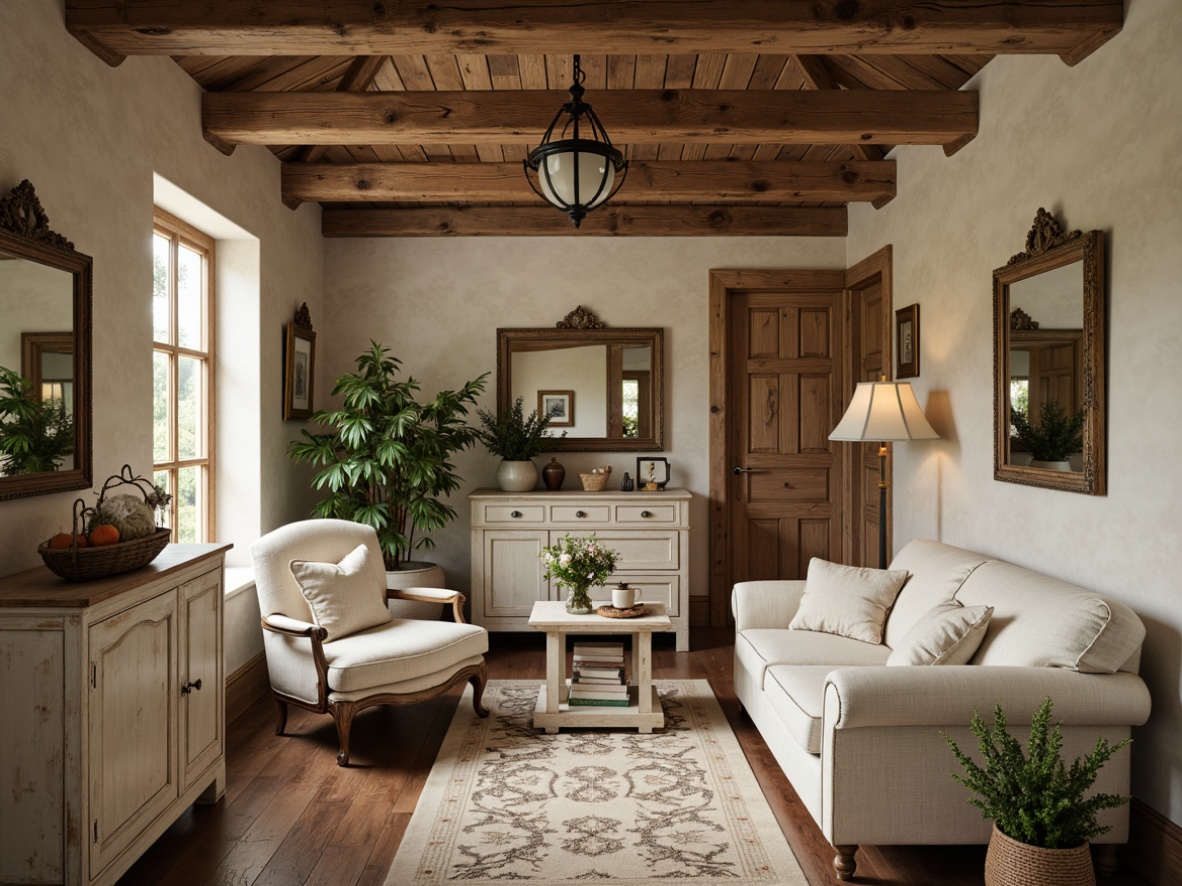 Prompt: Rustic French country interior, warm beige walls, distressed wood accents, soft sage greenery, vintage distressed furniture, elegant ornate mirrors, creamy whites, rich walnut floors, subtle linen textures, classic florals, delicate lace patterns, warm candlelight, softbox lighting, shallow depth of field, 2/3 composition, intimate atmosphere, natural materials, earthy tones.