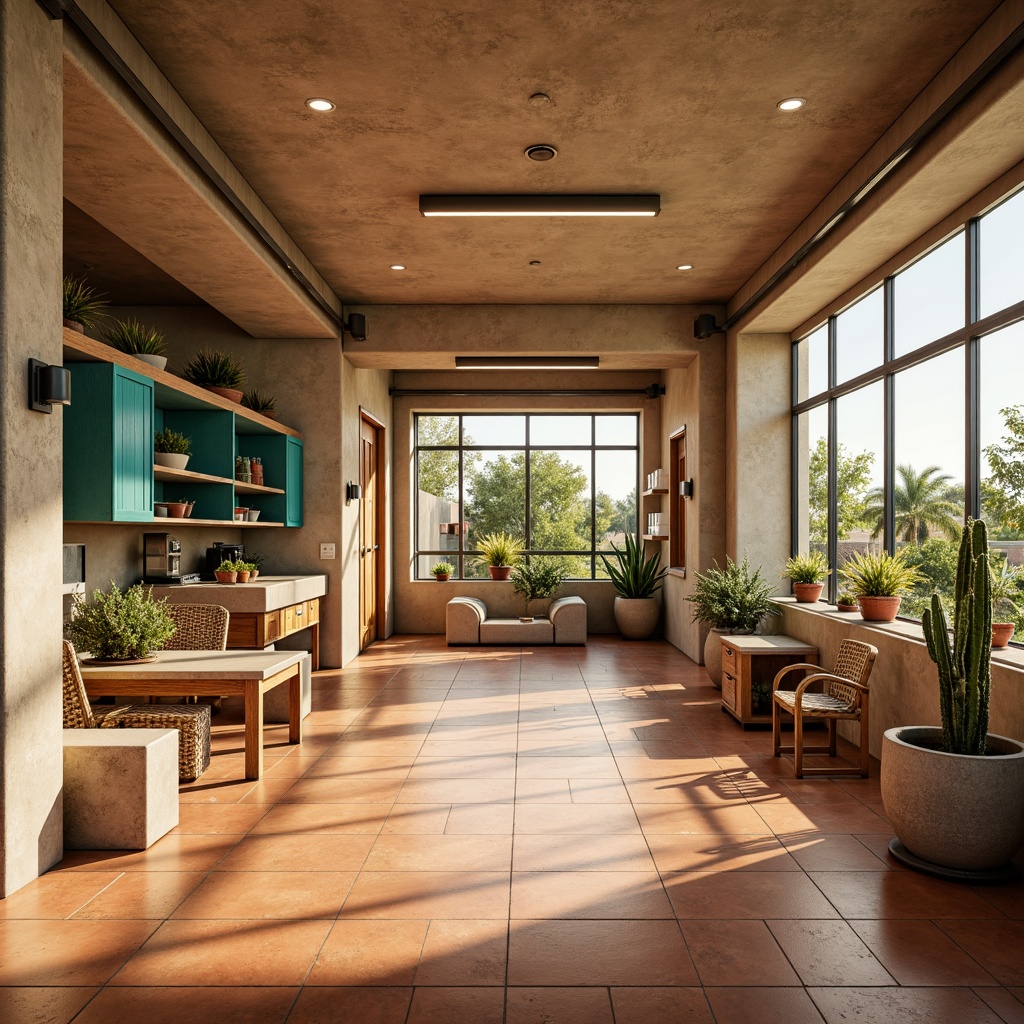 Prompt: Southwestern laboratory, terracotta tile flooring, warm beige color, natural stone accents, polished concrete surfaces, industrial metal trim, rustic wood cabinetry, vibrant turquoise accents, desert-inspired patterns, cacti and succulent plants, warm sunny lighting, shallow depth of field, 3/4 composition, realistic textures, ambient occlusion.