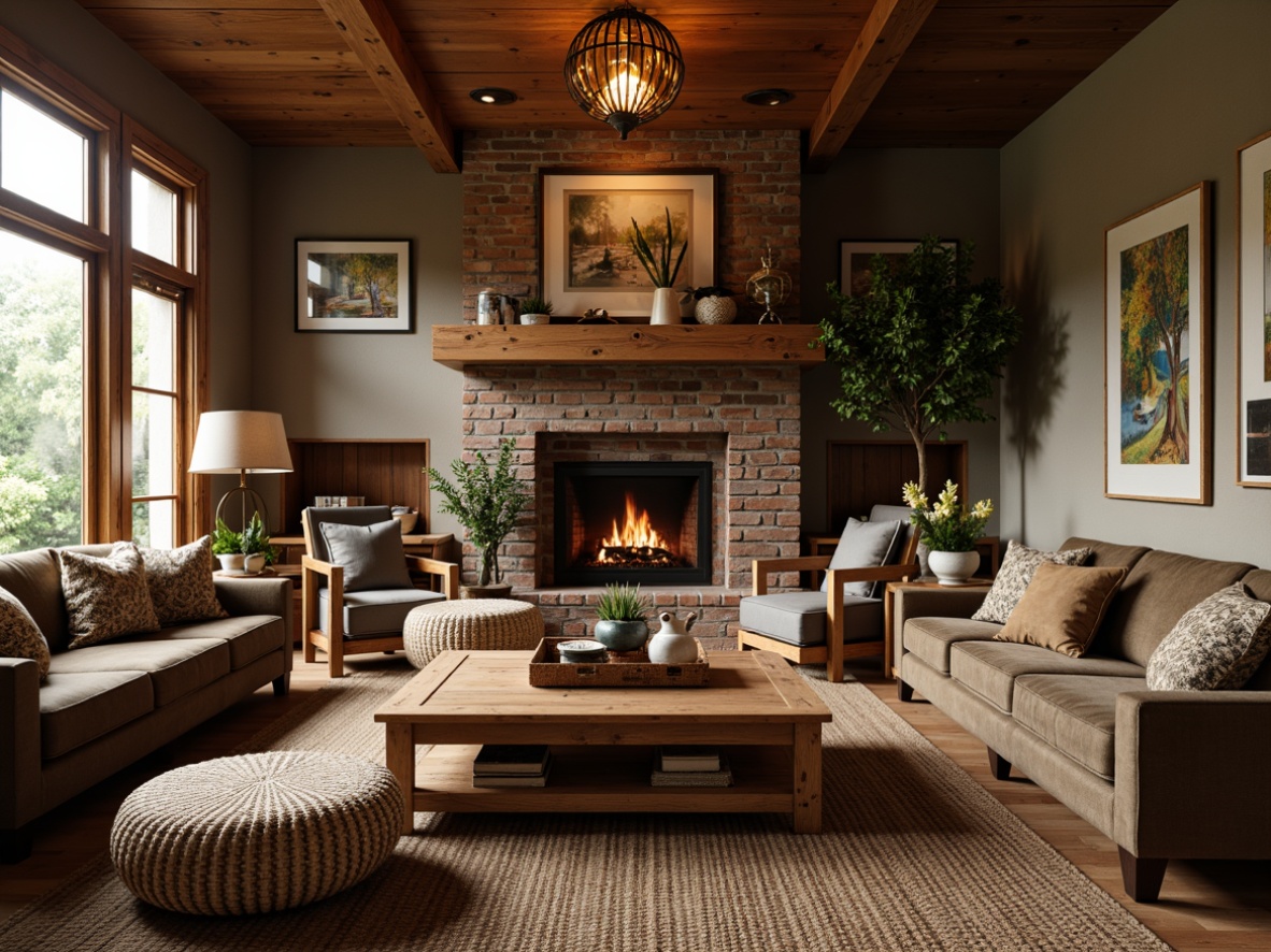 Prompt: Cozy living room, wooden accents, earthy tones, plush armchairs, velvet sofas, oak wood coffee tables, woven baskets, natural textiles, handmade decorative items, vintage metalware, warm pendant lighting, rustic brick fireplaces, Arts and Crafts-inspired patterns, rich leather upholstery, sturdy wooden benches, distressed finishes, nature-inspired color palette, soft warm glow, shallow depth of field, 1/2 composition, realistic wood textures, ambient occlusion.