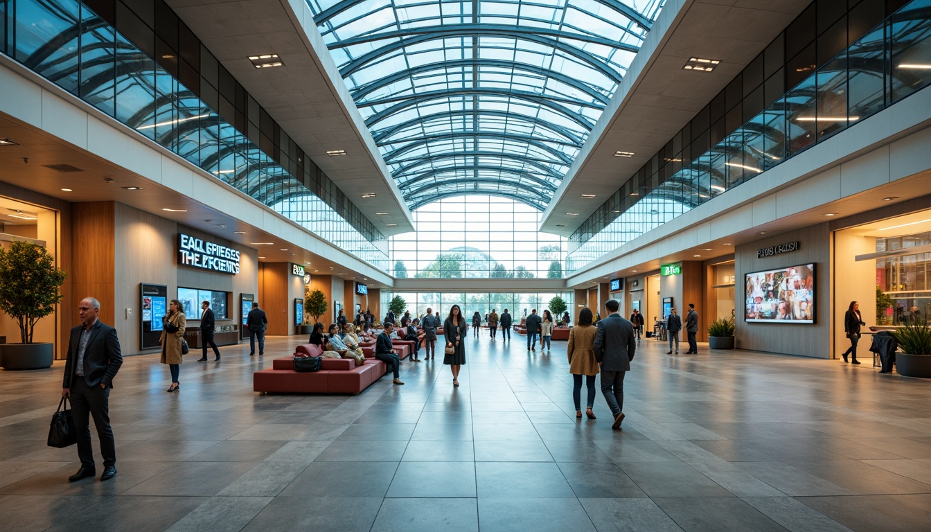 Prompt: Modern airport interior, sleek glass ceilings, polished marble floors, vibrant signage, digital displays, interactive kiosks, minimalist seating areas, natural stone accents, ample lighting, clear navigation paths, intuitive wayfinding systems, subtle branding elements, futuristic architecture, spacious open spaces, warm neutral color palette, soft ambient lighting, shallow depth of field, 1/2 composition, realistic textures, ambient occlusion.