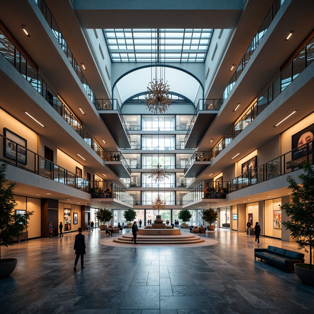 Prompt: Elegant Visual Arts Center, grand atrium, sweeping staircases, polished marble floors, floor-to-ceiling windows, abundant natural light, soft warm glow, subtle shadowing, dramatic spotlighting, vibrant color accents, modern chandeliers, suspended lighting fixtures, indirect ambient lighting, 1/1 composition, symmetrical framing, high contrast ratio, cinematic mood, realistic textures, detailed architectural features.