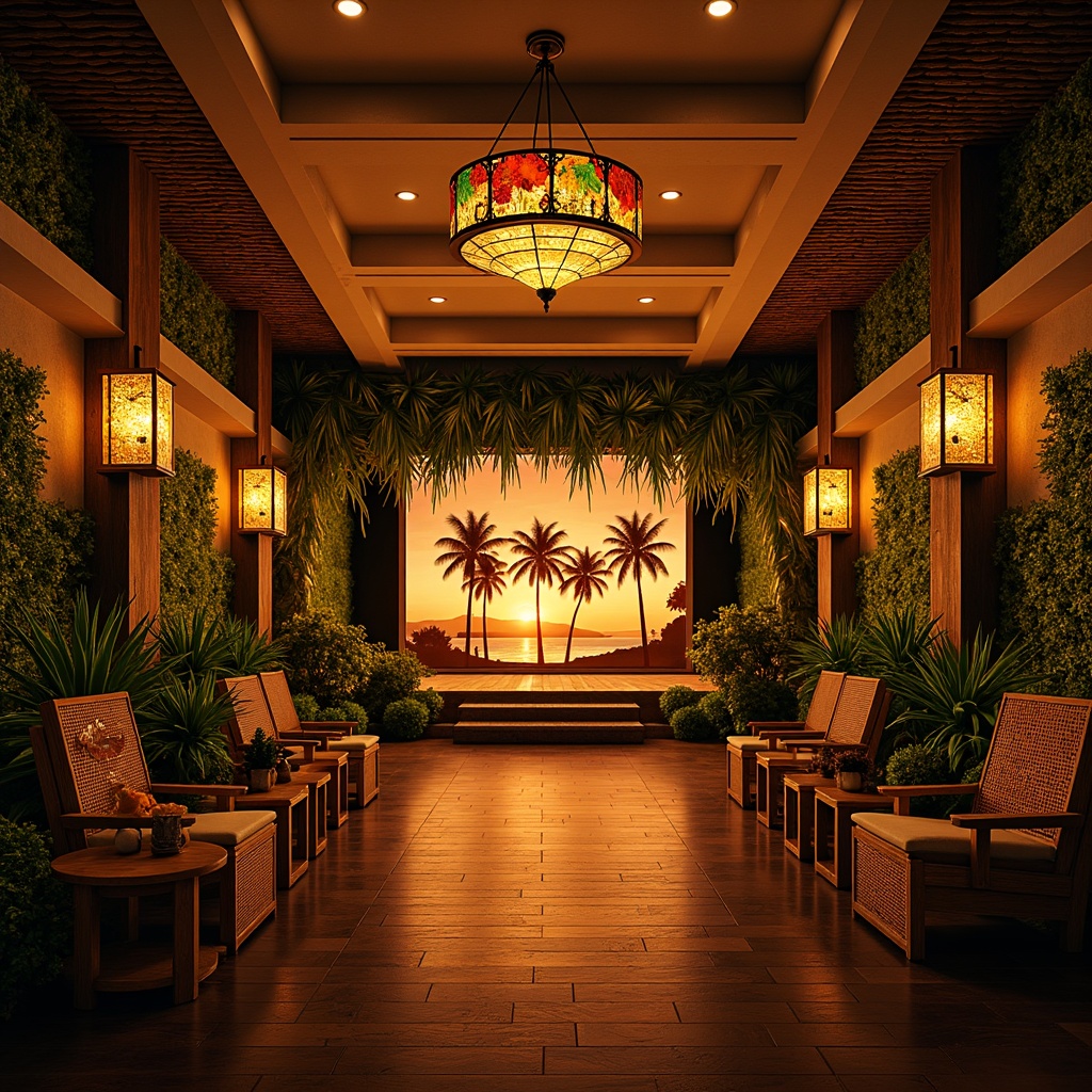 Prompt: Vibrant tropical theater, palm tree silhouettes, warm golden lighting, ornate metal fixtures, colorful glass shades, exotic island vibes, lush greenery walls, natural wood accents, rattan furniture, woven bamboo textures, soft warm glow, ambient illumination, 1/1 composition, shallow depth of field, realistic reflections, warm color temperatures.