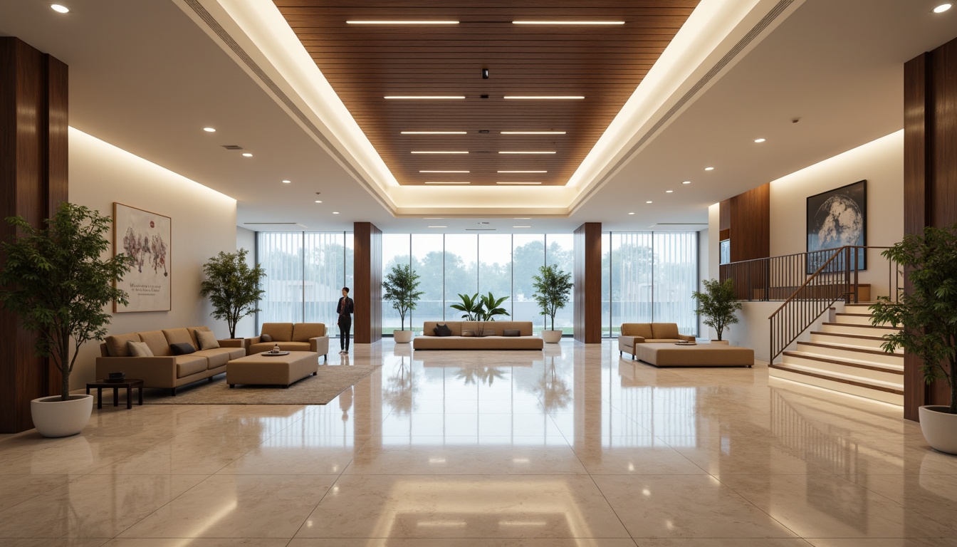 Prompt: Minimalist hotel lobby, sleek marble floors, elegant staircase, suspended ceiling lights, floor-to-ceiling windows, natural daylight, warm white lighting, recessed downlights, subtle LED strips, modern chandeliers, luxurious furnishings, neutral color palette, clean lines, simple shapes, soft shadows, high contrast ratio, 1/2 composition, atmospheric ambiance, realistic reflections.