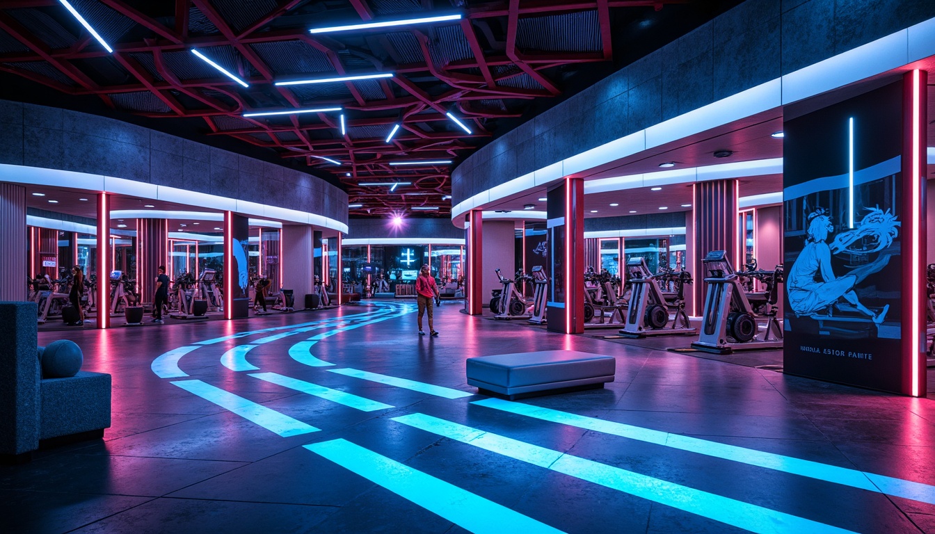 Prompt: Futuristic gym interior, neon-lit walls, metallic floors, high-tech exercise equipment, virtual reality training areas, dynamic LED light installations, glowing accents, atmospheric misting systems, minimalist industrial design, angular lines, bold color schemes, mirrored ceilings, ambient occlusion, shallow depth of field, 3/4 composition, panoramic view, realistic textures, innovative LED strip lighting, floor-to-ceiling windows, natural stone accents, urban cityscape views, dramatic nighttime illumination.