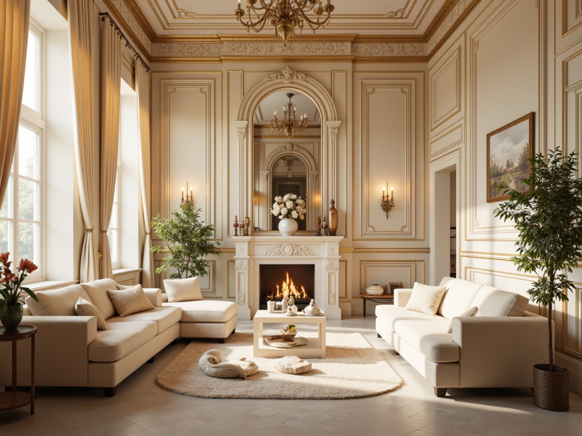 Prompt: Luxurious Rococo interior, soft golden accents, creamy whites, warm beige tones, rich velvety textures, ornate furnishings, delicate floral patterns, curved lines, subtle shimmering effects, ambient softbox lighting, 1/2 composition, intimate atmosphere, romantic ambiance.