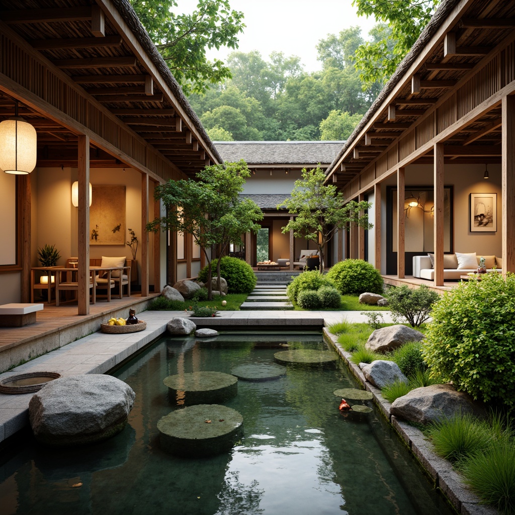 Prompt: Traditional Japanese tea house, natural bamboo walls, thatched roofs, wooden accents, paper lanterns, sliding screens, tatami mats, stone gardens, koi ponds, lush greenery, vibrant moss, serene water features, soft warm lighting, shallow depth of field, 1/1 composition, realistic textures, ambient occlusion.