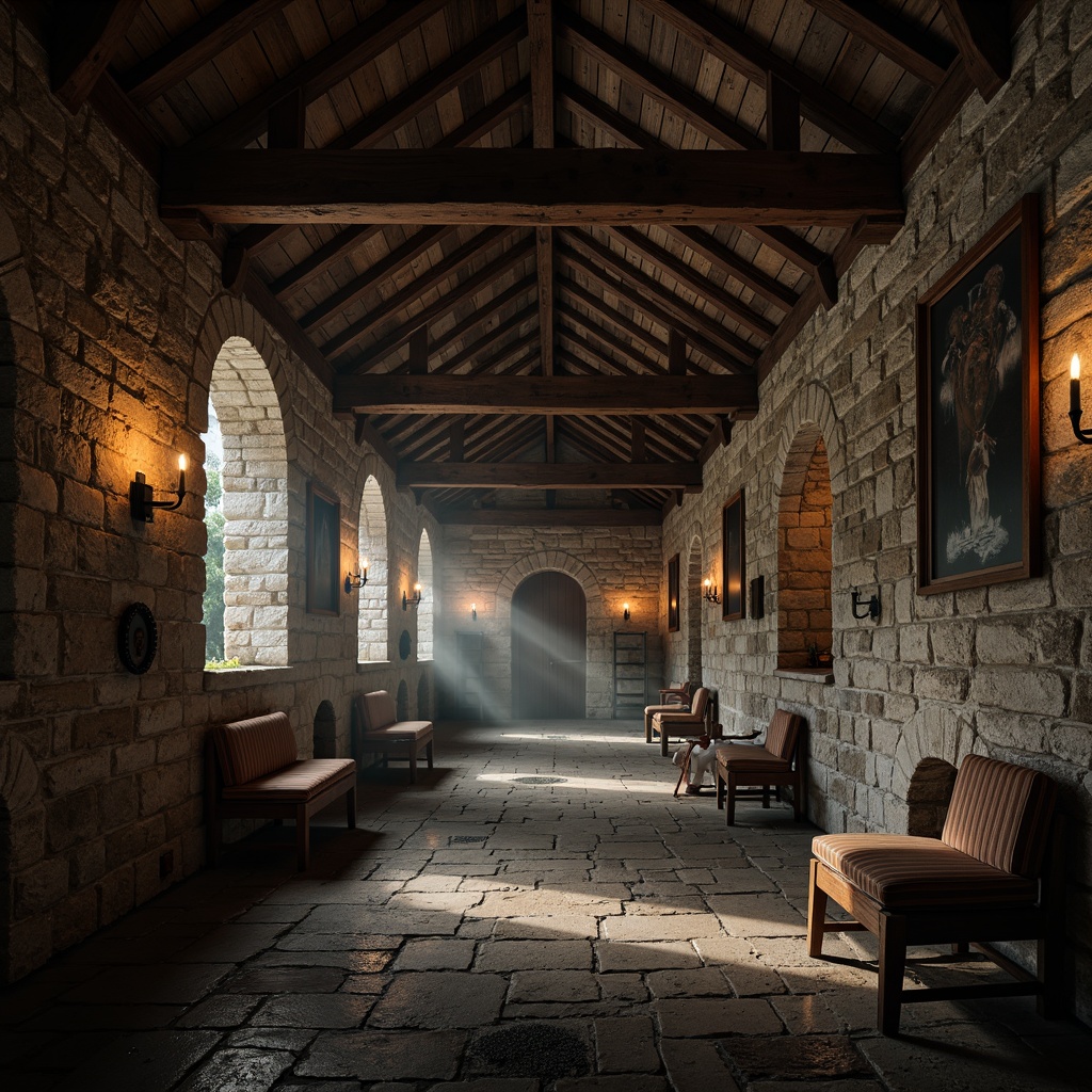 Prompt: Ancient monastery, stone walls, vaulted ceilings, rustic wooden beams, industrial metal pipes, exposed brickwork, reclaimed wood accents, distressed textures, warm candlelight, atmospheric mist, eerie silence, dramatic shadows, low-angle photography, 1/1 composition, moody color palette, ambient occlusion, mysterious atmosphere.