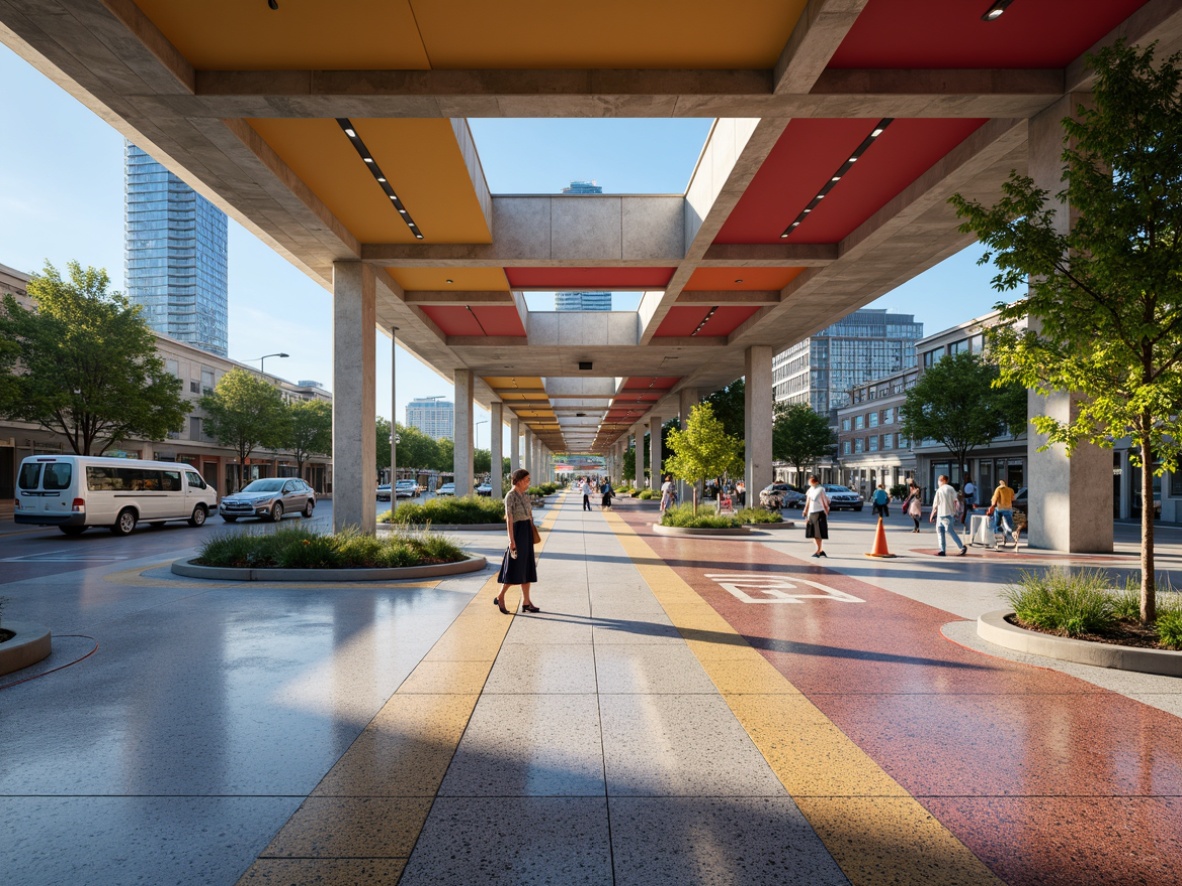 Prompt: Terrazzo bus station interior, sleek modern design, stylish flooring options, vibrant color schemes, geometric patterns, high-traffic durability, slip-resistant surfaces, epoxy resin finishes, aggregate stone textures, seamless joints, industrial chic aesthetic, urban transportation hub, bustling atmosphere, natural light pouring in, shallow depth of field, 3/4 composition, panoramic view, realistic reflections, ambient occlusion.