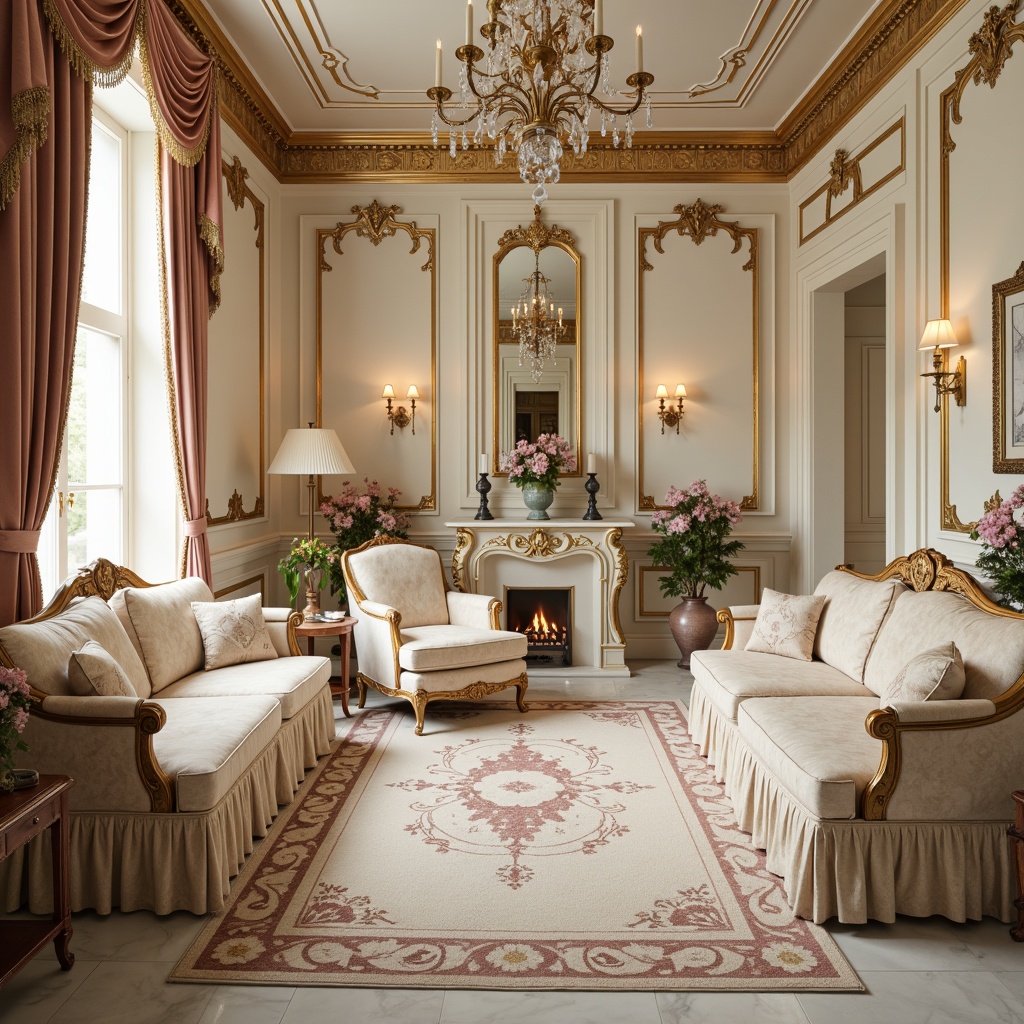 Prompt: Opulent Rococo interiors, soft pastel hues, pale gold accents, ornate furnishings, delicate florals, intricate patterns, lavish textiles, velvety smooth finishes, cream-colored marble, gilded frames, sparkling crystal chandeliers, warm candlelight, shallow depth of field, 1/2 composition, romantic ambiance, nostalgic feel, vintage charm.