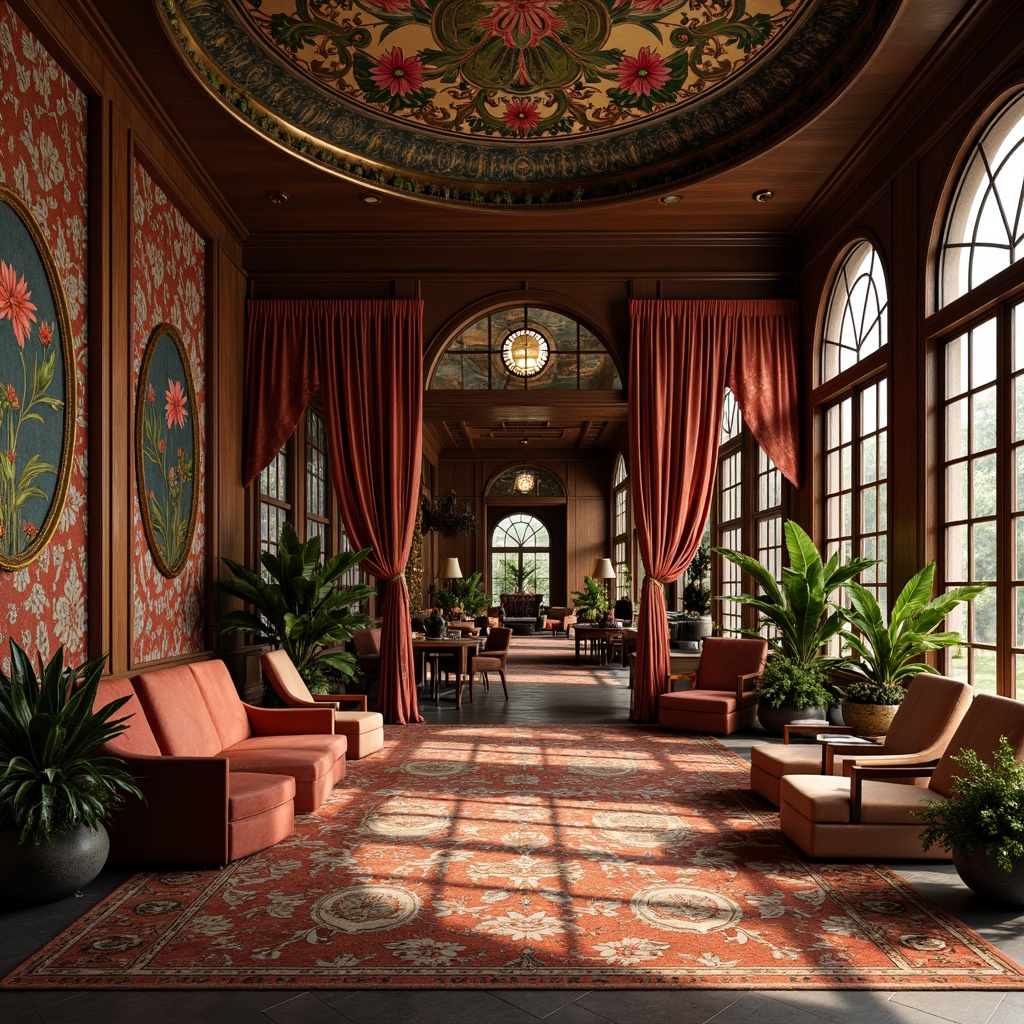 Prompt: Intricate floral patterns, luxurious velvet fabrics, ornate wooden paneling, sinuous curved lines, flowing organic shapes, elegant metallic accents, subtle natural lighting, soft warm color palette, rich jewel-toned hues, opulent furniture upholstery, delicate ceramic tiles, intricate stained glass details, whimsical botanical motifs, lavish drapery, exotic potted plants, refined Art Nouveau ornaments, sophisticated 3/4 composition, warm intimate atmosphere, realistic textures, ambient occlusion.