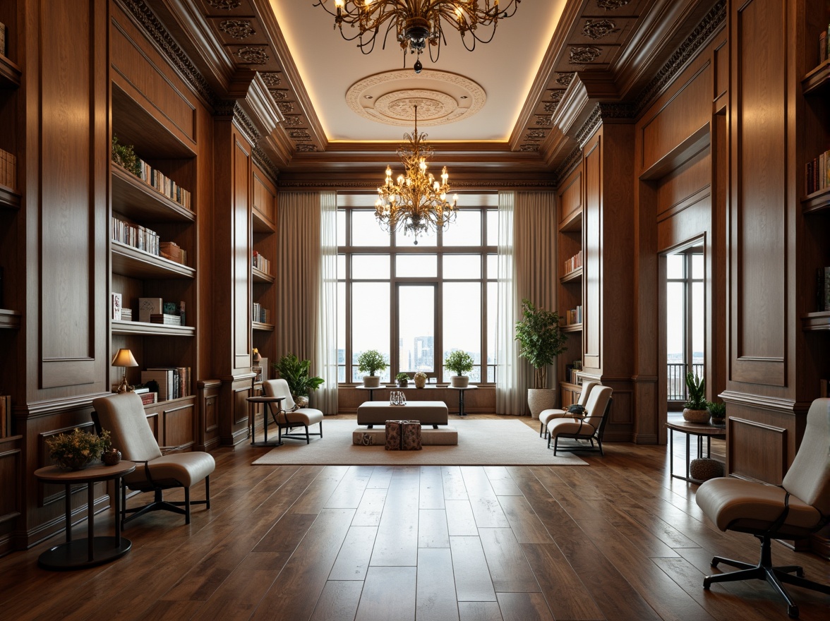 Prompt: Luxurious office interior, high-end molding details, ornate ceiling designs, grand chandeliers, polished wooden accents, sophisticated color schemes, premium materials, sleek metal frames, minimalist furniture, modernist aesthetic, abundant natural light, subtle warm lighting, shallow depth of field, 1/2 composition, soft focus effect, realistic textures, ambient occlusion.