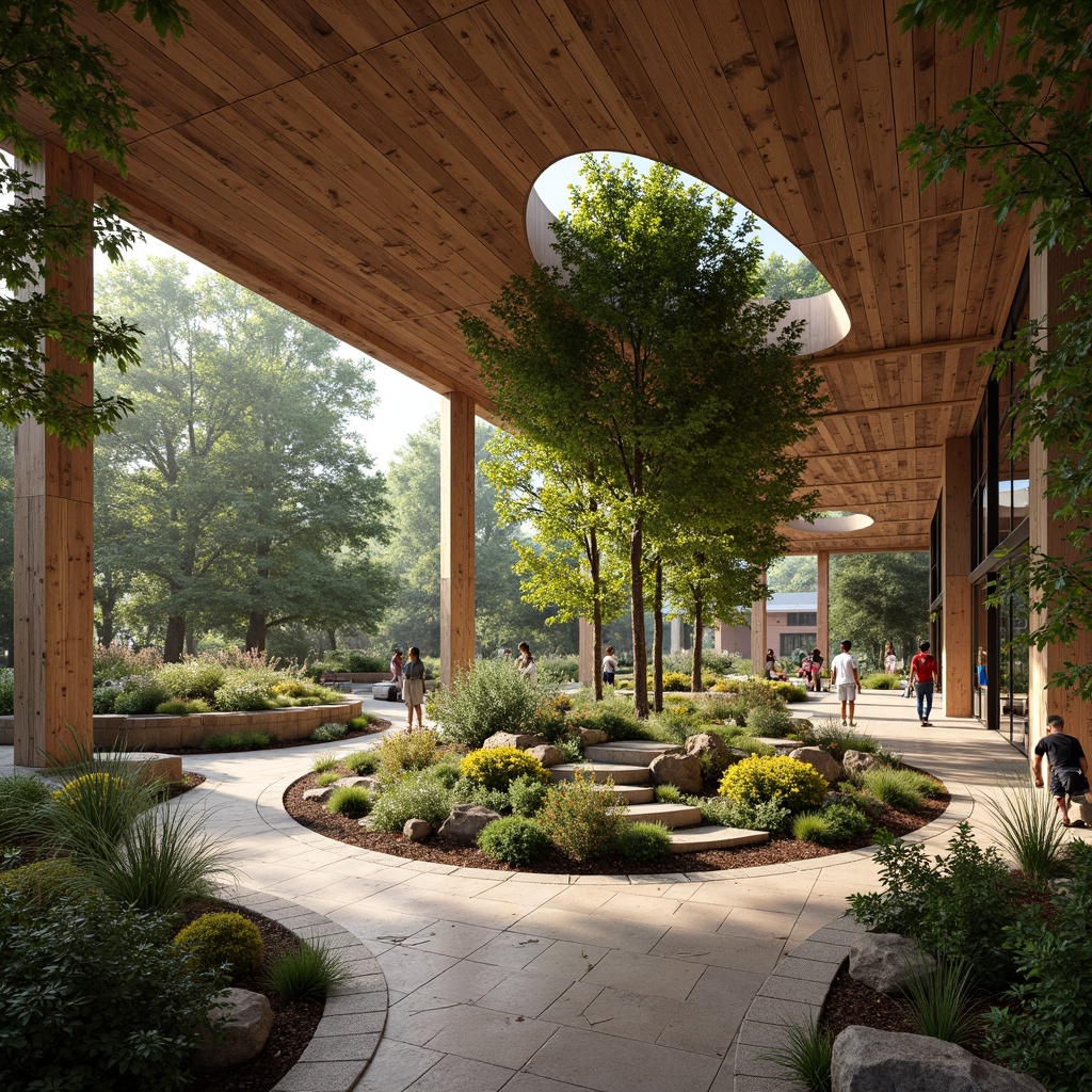 Prompt: Rustic science center, natural stone walls, wooden accents, earthy tones, reclaimed wood floors, exposed beam ceilings, organic shapes, living green walls, botanical gardens, outdoor learning spaces, meandering paths, native plant species, eco-friendly materials, sustainable design, abundant natural light, soft warm lighting, shallow depth of field, 3/4 composition, panoramic view, realistic textures, ambient occlusion.