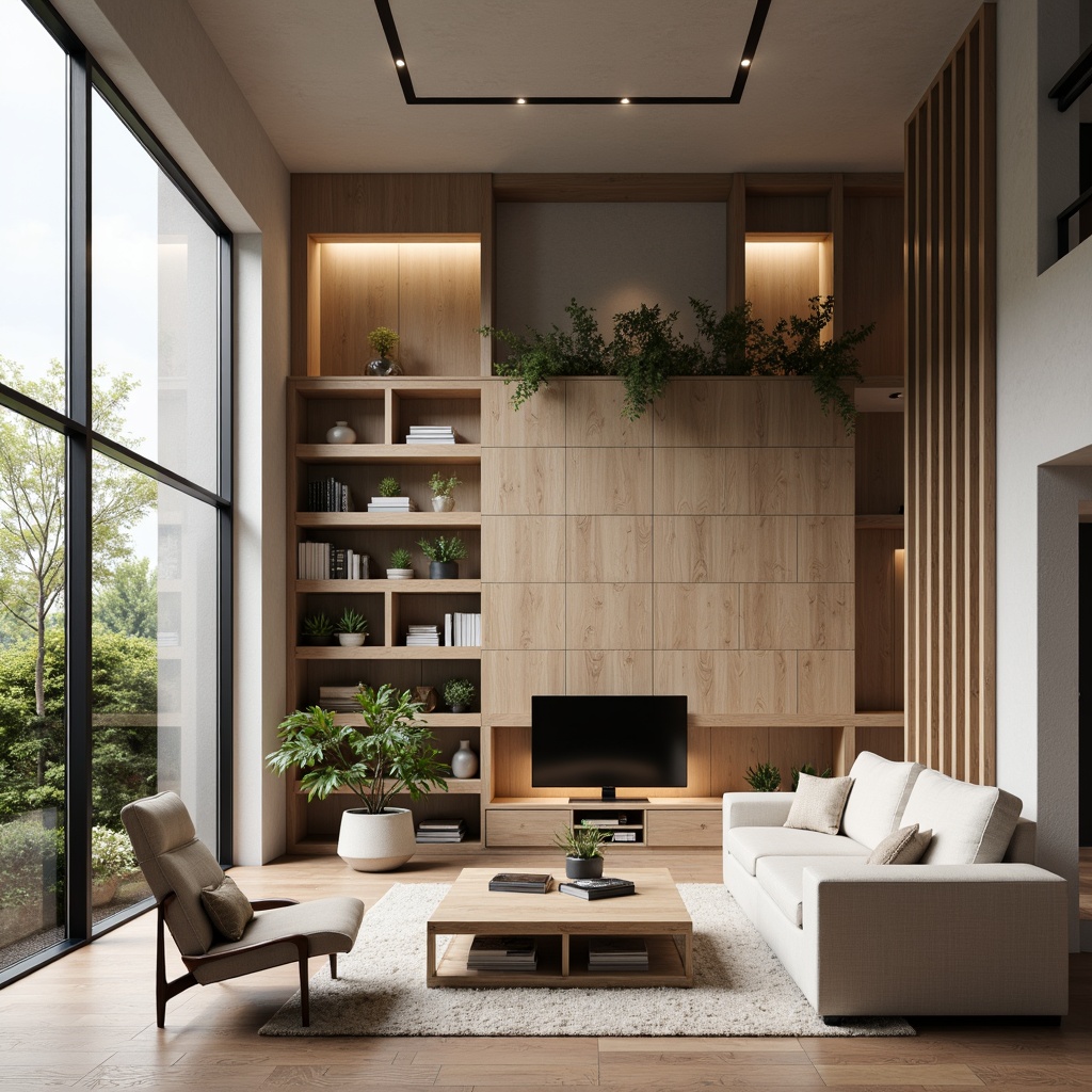 Prompt: Modern living room, minimalist decor, sleek lines, functional furniture, optimized storage solutions, multi-functional spaces, cozy reading nook, built-in shelving units, floor-to-ceiling windows, natural light pouring in, soft warm glow, 1/1 composition, shallow depth of field, realistic textures, ambient occlusion.