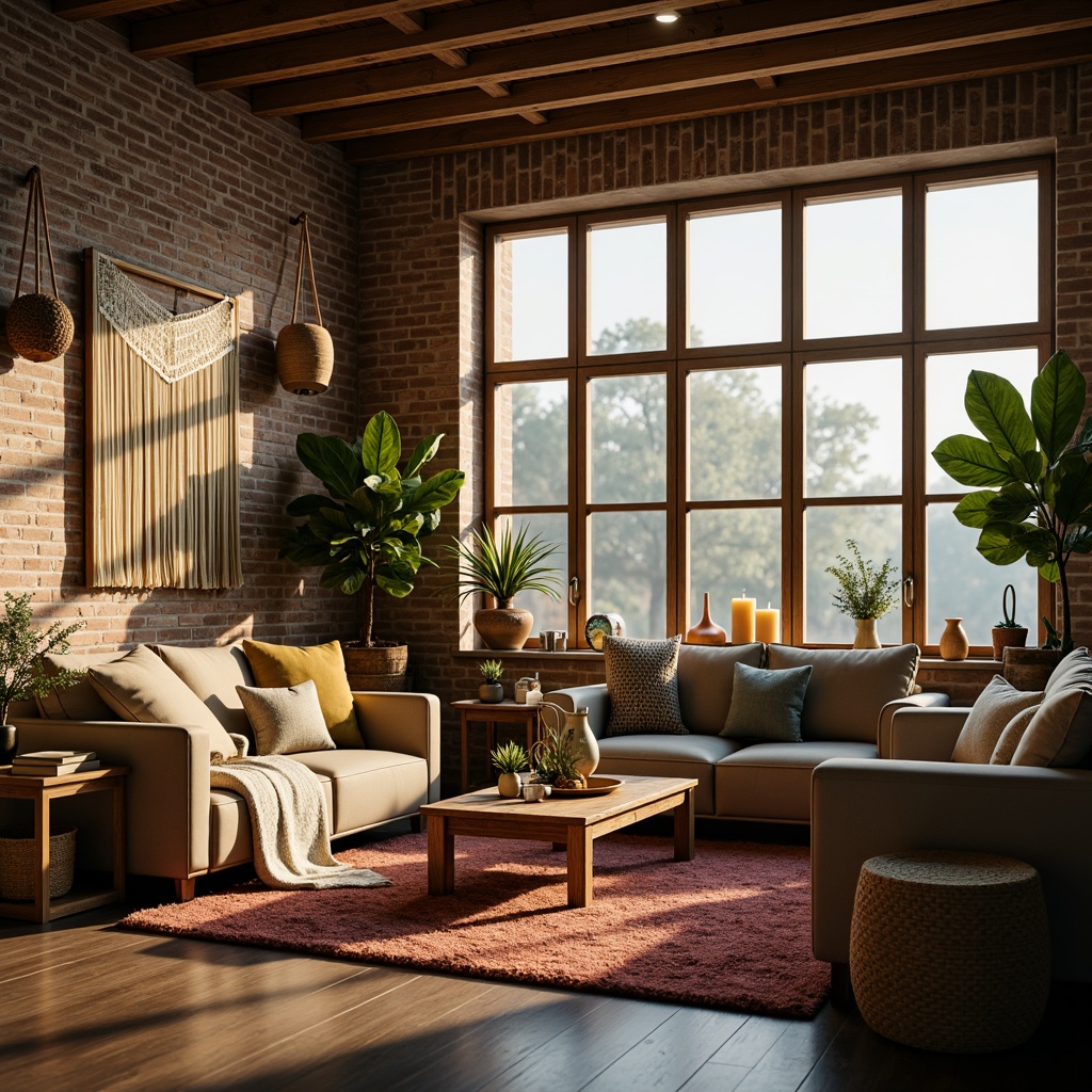 Prompt: Cozy apartment, warm lighting, soft plush carpets, comfortable sofas, wooden coffee tables, vintage decorative objects, earthy color palette, rustic brick walls, large windows, natural textiles, woven baskets, macrame wall hangings, lush green plants, aromatic candles, gentle morning light, shallow depth of field, 1/1 composition, intimate atmosphere.