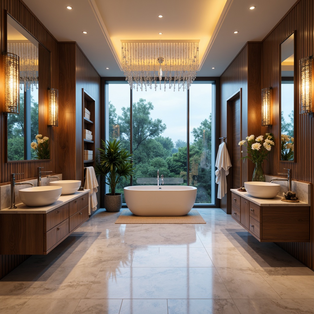 Prompt: Elegant bathroom, modern fixtures, soft warm glow, LED lighting, crystal chandeliers, polished chrome accents, marble countertops, luxurious freestanding tubs, floor-to-ceiling windows, natural daylight, ambient mood lighting, 1/2 composition, shallow depth of field, realistic textures, subtle shadows.