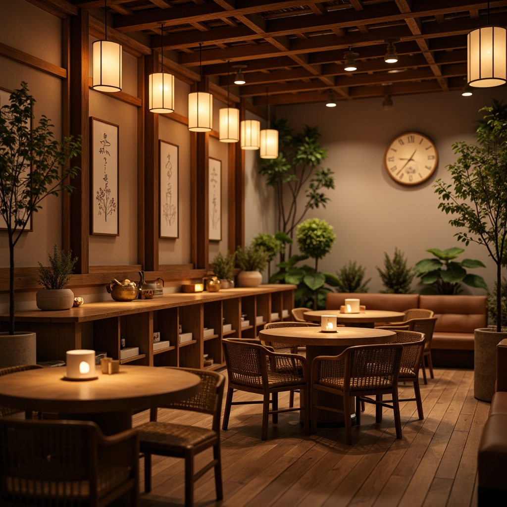 Prompt: Cozy Asian-style coffee shop, warm wooden decor, traditional Japanese lanterns, soft glow lighting, paper lanterns, natural wood accents, woven bamboo chairs, low seating areas, intimate atmosphere, warm beige tones, gentle color palette, subtle texture details, calm ambiance, serene music, aromatic coffee scents, warm cup lighting, 1/1 composition, shallow depth of field, realistic textures, ambient occlusion.