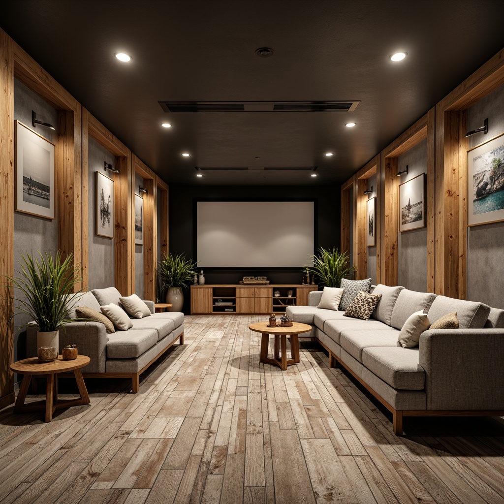 Prompt: Coastal cinema interior, reclaimed wood flooring, distressed wooden planks, weathered grayish tone, beachy vibe, soft warm lighting, cinematic atmosphere, comfortable seating, ocean-inspired accents, driftwood decor, natural textures, earthy tones, laid-back ambiance, calming color palette, serene movie experience, realistic wood grain, subtle sheen finish, herringbone pattern, rustic charm, sophisticated simplicity.