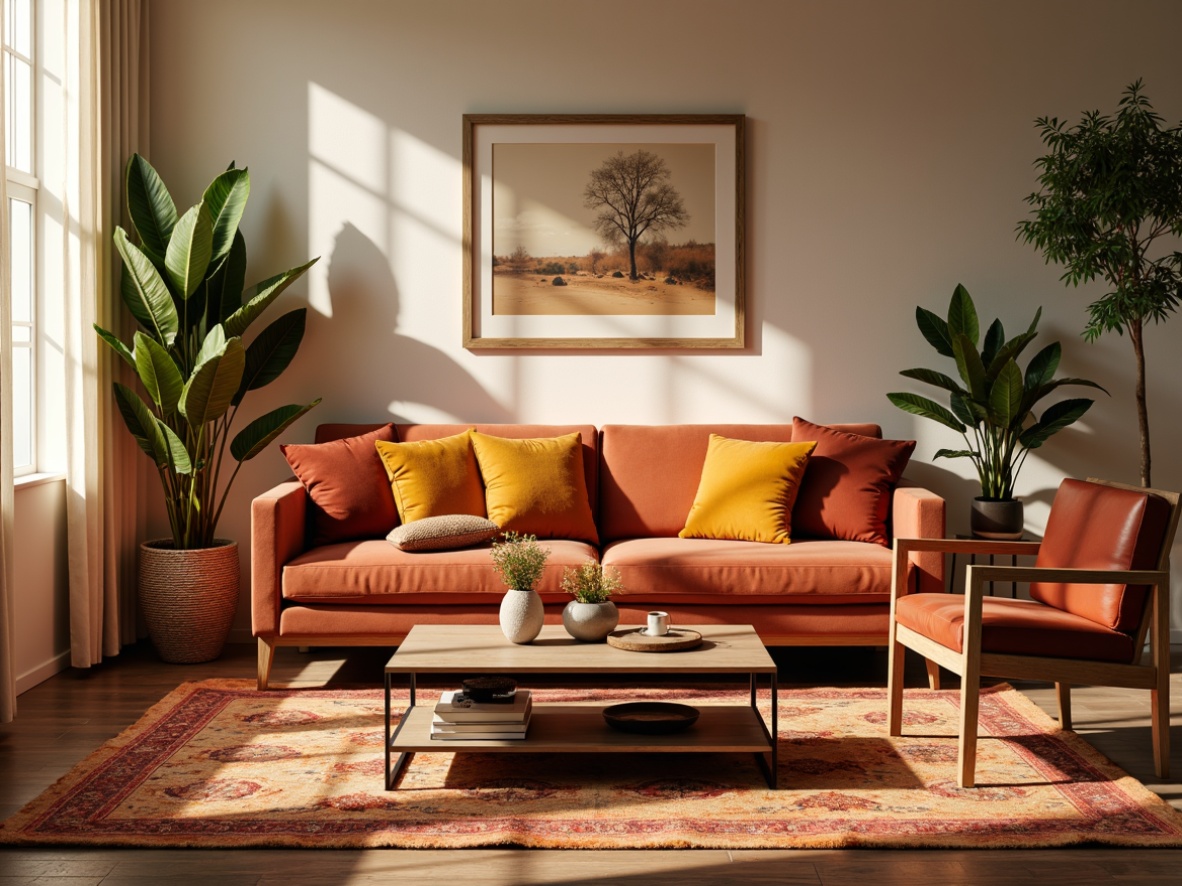 Prompt: Cozy living room, plush velvet sofa, soft cushions, elegant wooden armchair, vibrant patterned rug, warm beige walls, natural light pouring in, comfortable seating arrangement, stylish coffee table, modern minimalist decor, bright accent pillows, luxurious faux leather upholstery, sturdy metal frame, durable fabric finish, subtle texture contrast, 3/4 composition, shallow depth of field, realistic fabric rendering.