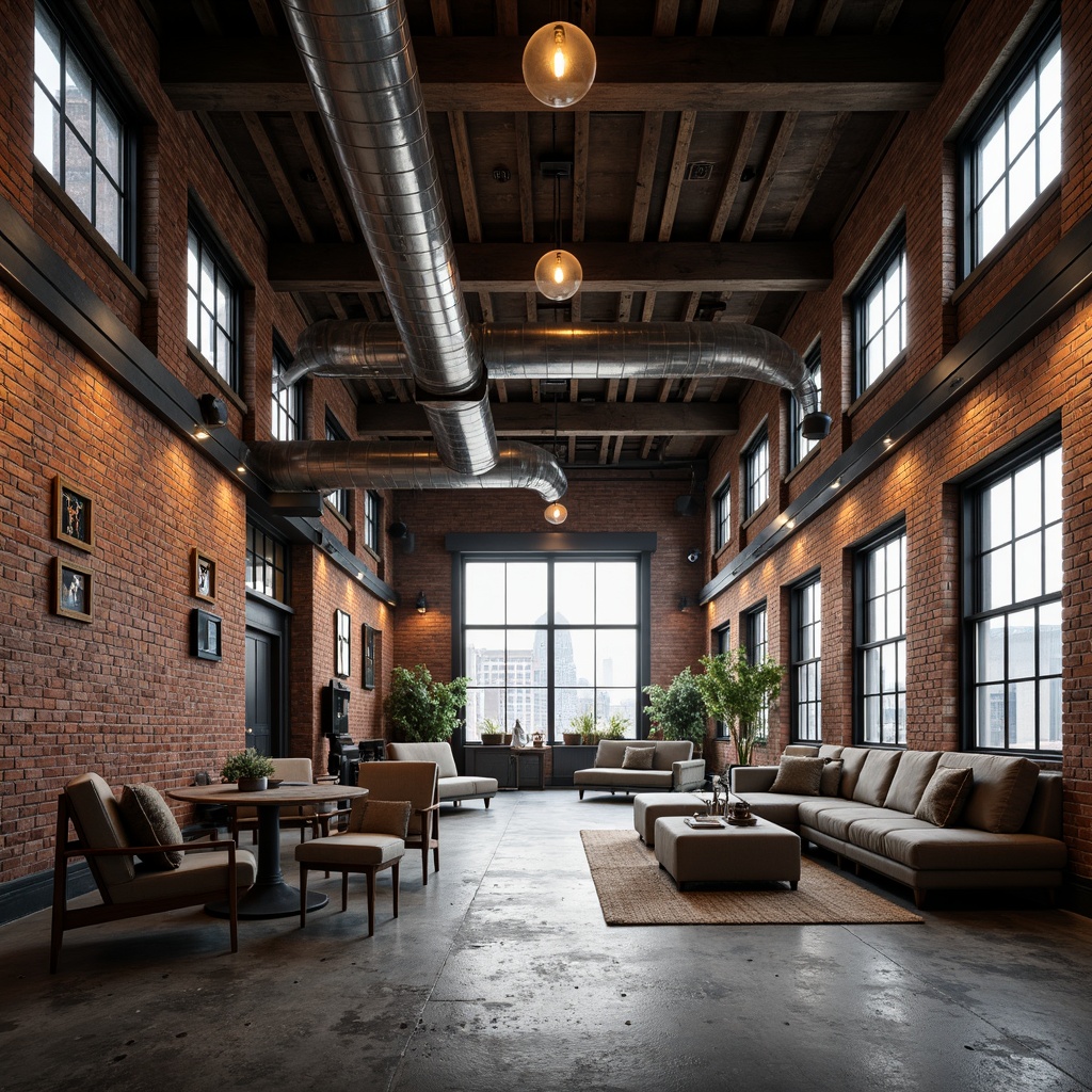 Prompt: Exposed brick walls, industrial chic decor, reclaimed wooden beams, metal framework structures, vintage factory machinery, distressed concrete floors, urban cityscape views, atmospheric misty lighting, shallow depth of field, 3/4 composition, gritty textures, ambient occlusion, modern minimalist furniture, functional pipes and ducts, Edison bulb lighting, metallic color palette, rustic warehouse atmosphere.