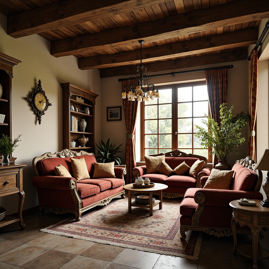 Prompt: Rustic farmhouse interior, ornate Baroque furniture, distressed wood finishes, velvet upholstery, golden accents, carved wooden decorations, antique metalware, vintage lighting fixtures, plush area rugs, natural stone flooring, wooden beam ceilings, large windows, soft warm lighting, 3/4 composition, shallow depth of field, realistic textures, ambient occlusion.