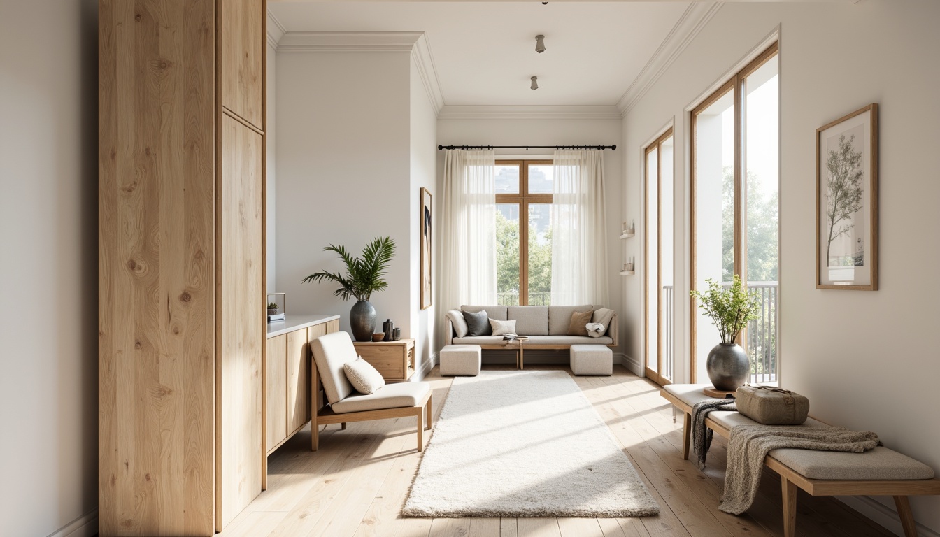 Prompt: Light-filled Scandinavian hall, natural wood accents, creamy white walls, soft grey tones, warm beige furniture, minimalist decor, sleek lines, Nordic-inspired textiles, subtle geometric patterns, calming atmosphere, gentle morning light, shallow depth of field, 1/1 composition, realistic rendering, ambient occlusion.