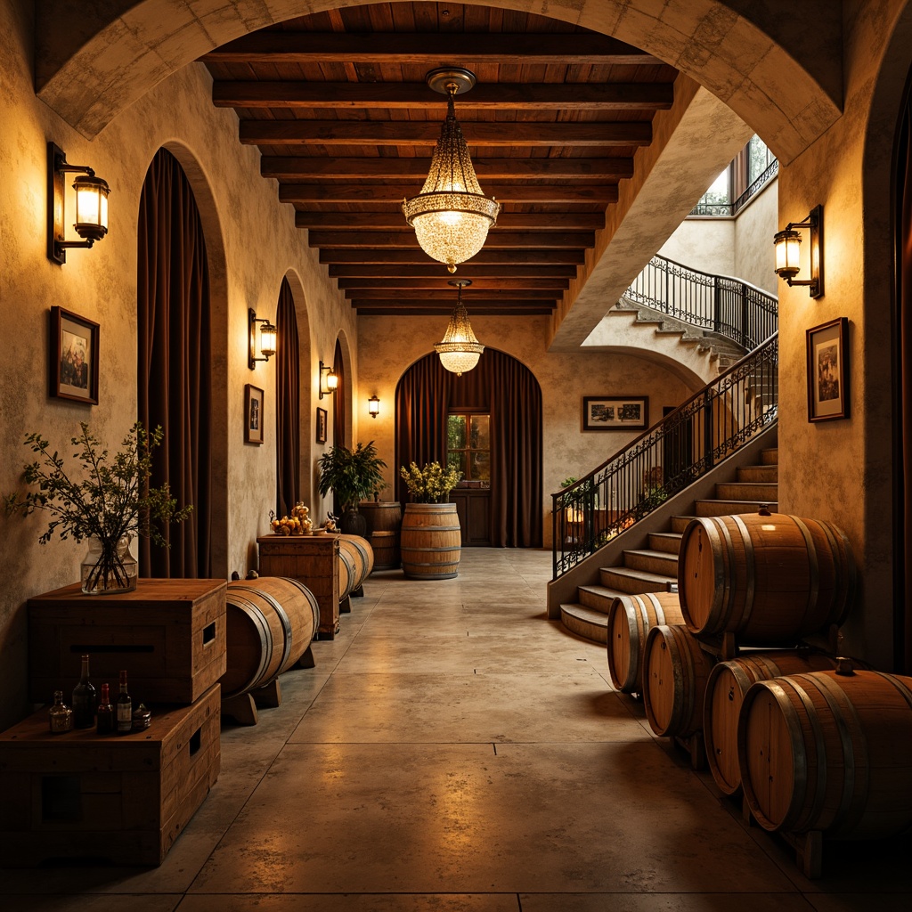 Prompt: Rustic winery, vintage wine barrels, wooden crates, dim warm lighting, soft golden glow, ornate chandeliers, crystal pendant lights, distressed stone walls, earthy tone flooring, rich wood accents, elegant archways, grand staircases, luxurious velvet drapes, intricate ironwork, warm beige colors, soft focus, shallow depth of field, 1/1 composition, realistic textures, ambient occlusion.