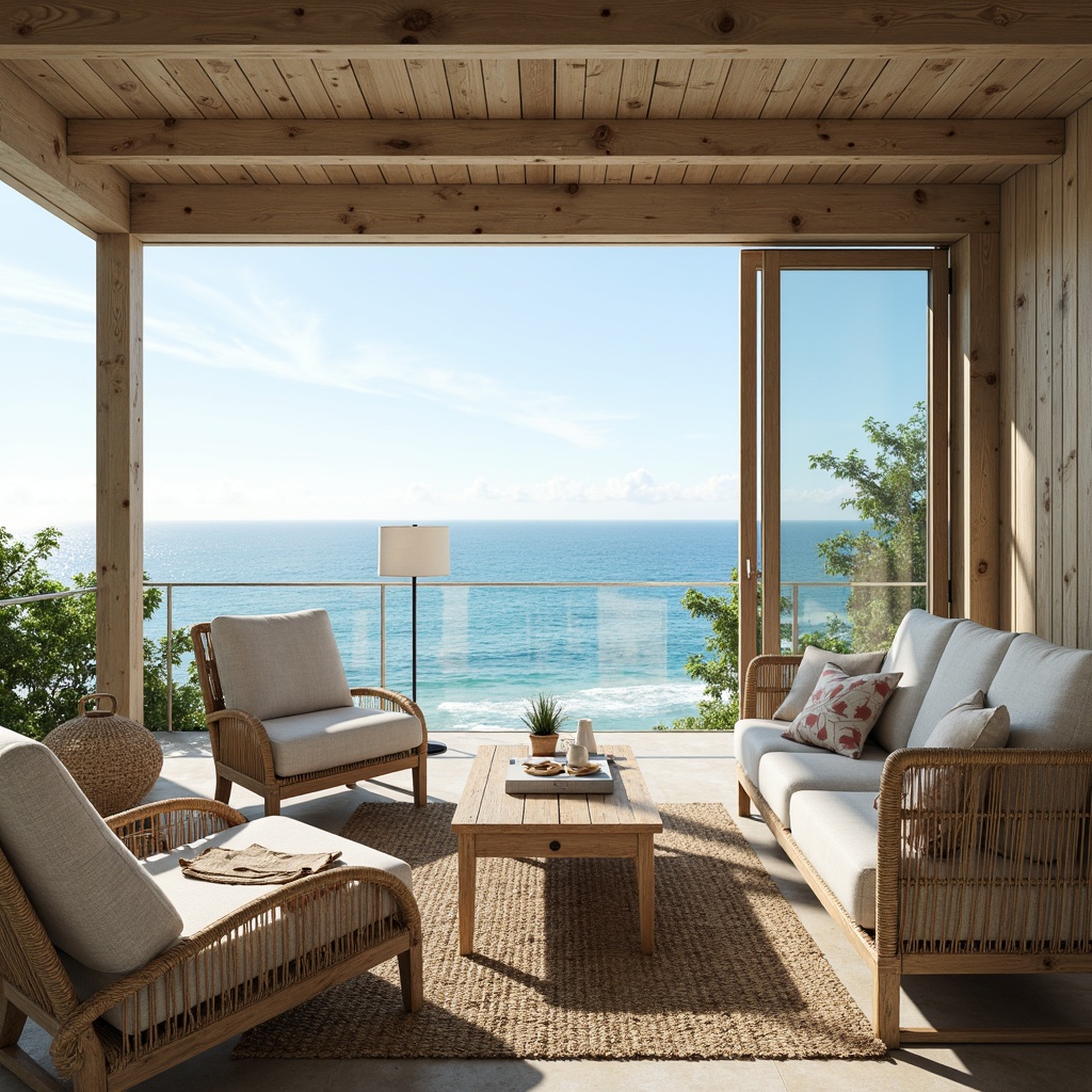 Prompt: Coastal-inspired interior, calming ocean views, soothing blue and green hues, natural textures, woven seagrass rugs, driftwood accents, coral-patterned throw pillows, linen upholstery, sea salt-weathered wood furniture, distressed finishes, beachy vibe, soft warm lighting, 1/2 composition, shallow depth of field, realistic fabric textures, ambient occlusion.