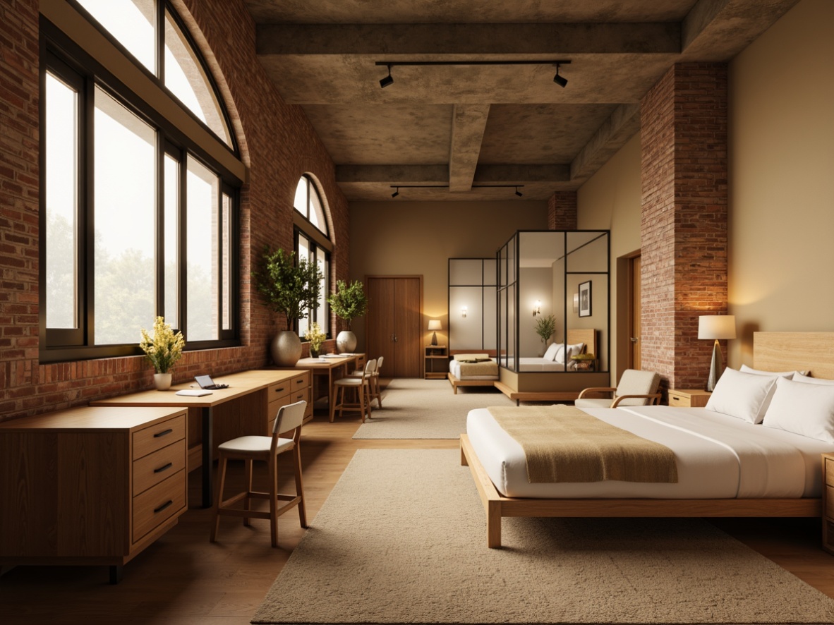 Prompt: Cozy dormitory interior, wooden furniture, warm beige walls, soft carpet flooring, plush bedding, minimalist decor, natural wood accents, industrial-chic metal frames, exposed brick walls, concrete ceilings, sleek modern lighting, frosted glass partitions, textured stone columns, earthy color palette, rustic wooden doors, polished steel fixtures, ambient warm lighting, shallow depth of field, 1/2 composition, realistic textures, subtle shadowing.