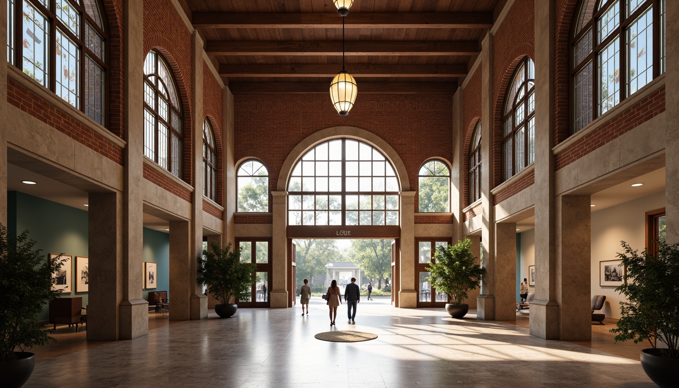 Prompt: Elegant visual arts center, traditional brick facade, limestone columns, wooden doorframes, stained glass windows, grand entrance hallways, high ceilings, marble floors, ornate chandeliers, neutral color palette, natural light pouring in, soft warm lighting, shallow depth of field, 3/4 composition, realistic textures, ambient occlusion.