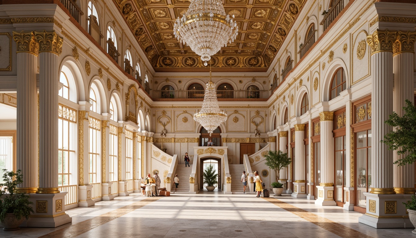 Prompt: Ornate palace facade, intricately carved stonework, gilded ornaments, delicate foliage patterns, shell-shaped decorations, asymmetrical compositions, curved lines, ornate mirrors, crystal chandeliers, luxurious fabrics, velvet drapes, marble columns, grand staircases, sweeping archways, pastel color palette, soft golden lighting, subtle shading, 1/1 composition, realistic reflections, high-resolution textures.