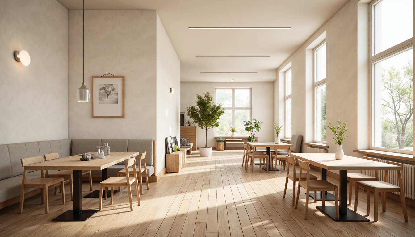 Prompt: Minimalist Scandinavian dining hall, light-filled interior, wooden floorboards, cream-colored walls, sleek modern furniture, ergonomic chairs, Nordic-inspired tables, natural wood tones, pendant lighting fixtures, geometric patterns, cozy textiles, soft warm glow, shallow depth of field, 1/1 composition, realistic reflections, ambient occlusion, subtle color palette, earthy undertones.