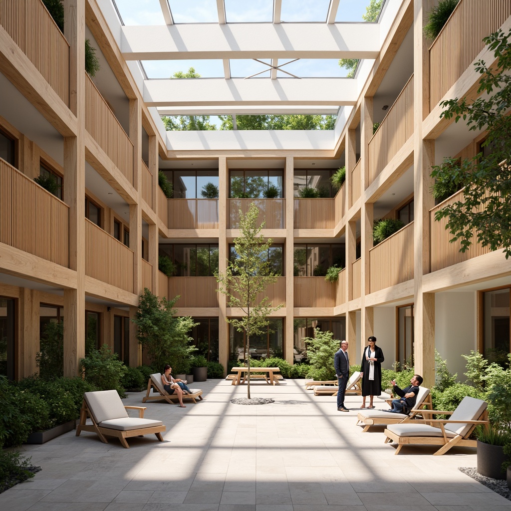 Prompt: Light-filled atrium, airy courtyard, Nordic-inspired courthouse, wooden accents, natural stone floors, minimalist decor, sleek lines, modern Scandinavian furniture, lush greenery, hanging plants, clerestory windows, high ceilings, bright skylights, warm beige tones, soft diffused lighting, shallow depth of field, 1/1 composition, symmetrical framing, realistic textures, ambient occlusion.