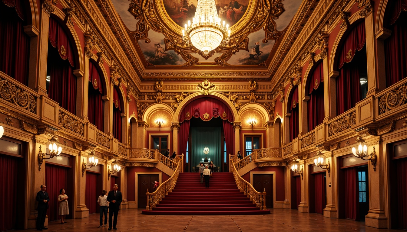 Prompt: \Ornate opera house ceiling, grandiose chandeliers, intricate moldings, rich gold leaf details, velvet drapes, red carpeted stairs, ornamental balconies, Baroque-inspired motifs, gilded frescoes, crystal droplets, dramatic arches, lavish decorative plasterwork, Victorian-era charm, opulent textures, warm golden lighting, high contrast ratio, 1/1 composition, symmetrical arrangement, realistic reflections, subtle ambient occlusion.\