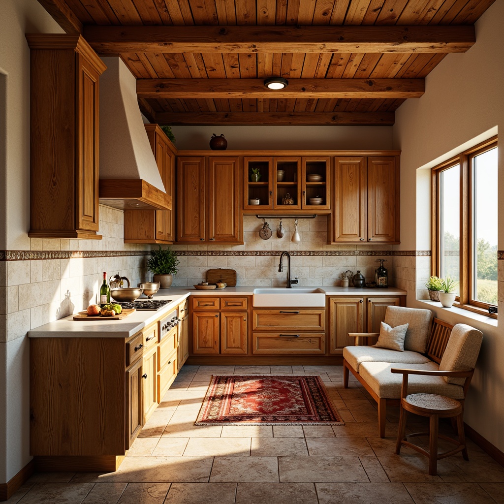 Prompt: Warm traditional kitchen, rustic wooden cabinets, cream-colored countertops, earthy-toned walls, natural stone flooring, distressed hardwood planks, honey-brown wood grain, soft warm lighting, classic Shaker-style furniture, decorative ceramic tiles, ornate metal fixtures, richly patterned rugs, cozy breakfast nook, sunny morning light, shallow depth of field, 1/1 composition, realistic textures, ambient occlusion.