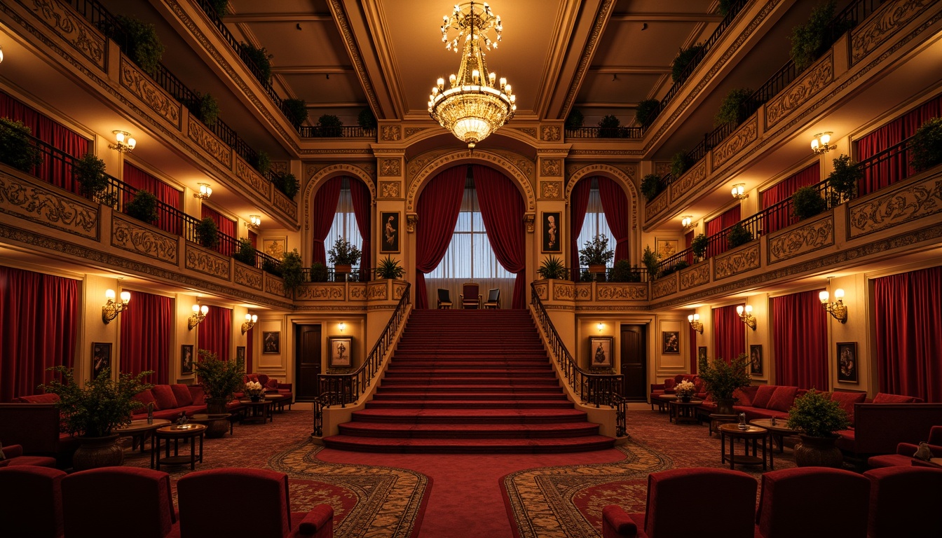 Prompt: Luxurious opera house interior, rich velvet curtains, ornate golden chandeliers, intricately carved wooden accents, plush red upholstery, grand staircase, sweeping balconies, opulent furnishings, Baroque-inspired details, heavy drapery, lavish textiles, antique furniture pieces, intricate patterns, warm candlelight, soft focus, 1/1 composition, cinematic lighting, detailed textures, ambient atmosphere.